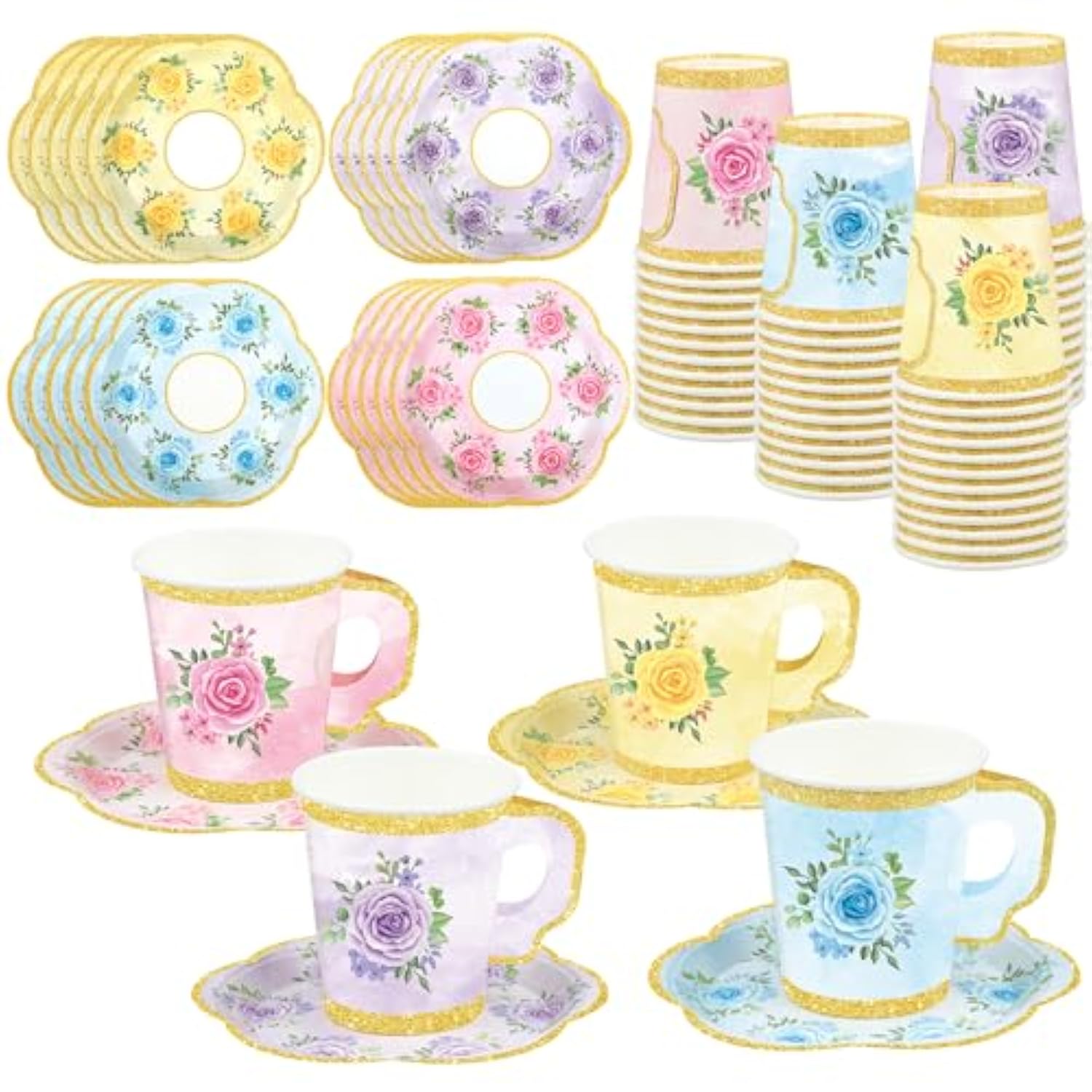 48 Sets Floral Paper Tea Cups And Saucers Disposable Tea Party Supplies Colorful Flower Teacups With Handle And Plates For Hot Cold Drink Wedding Birthday Party Baby Shower