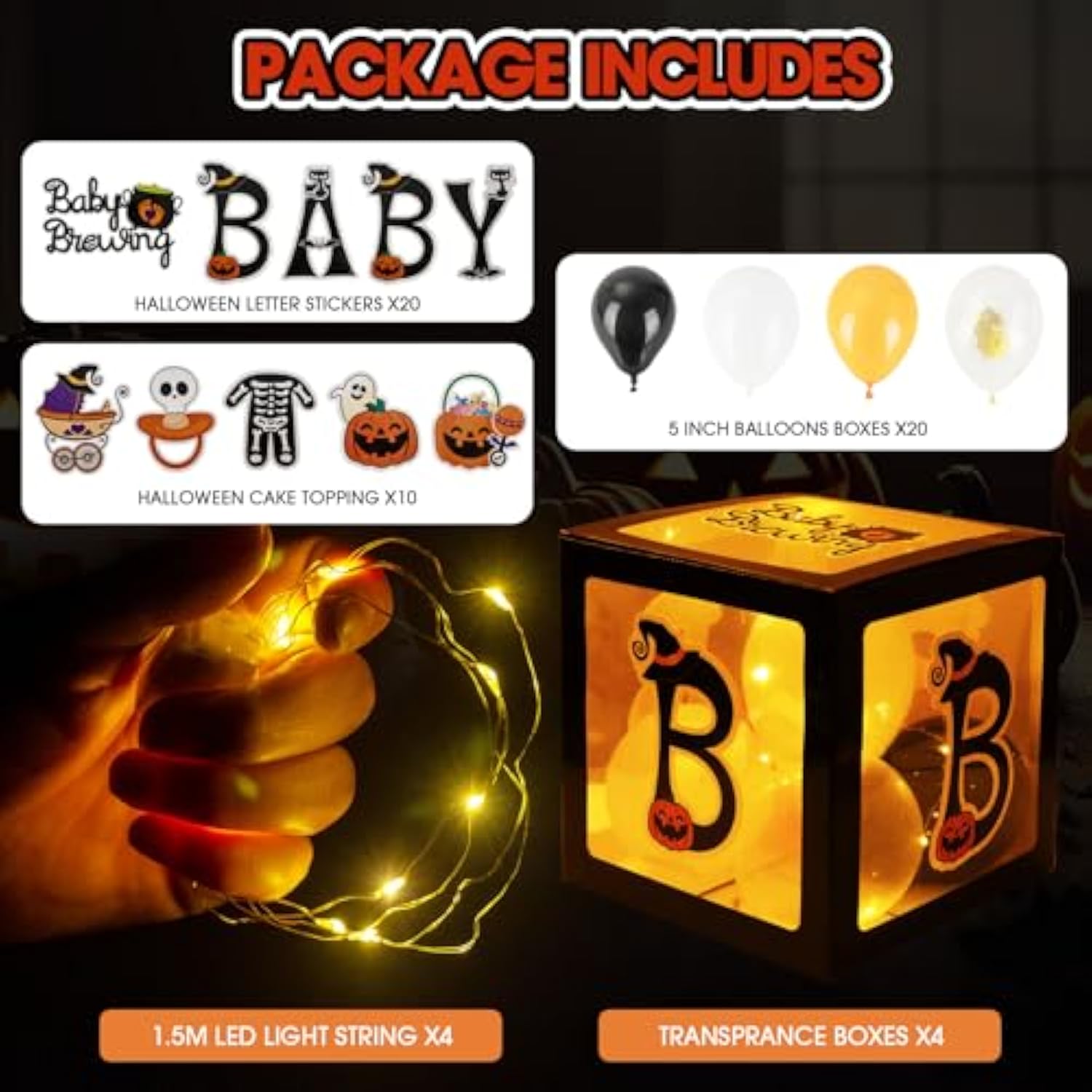 Halloween Decorations Balloons Boxes 4 Pcs Transparent Box With 4 Led Light Strings - Baby Shower Party Supplies Decoration - A Baby Is Brewing