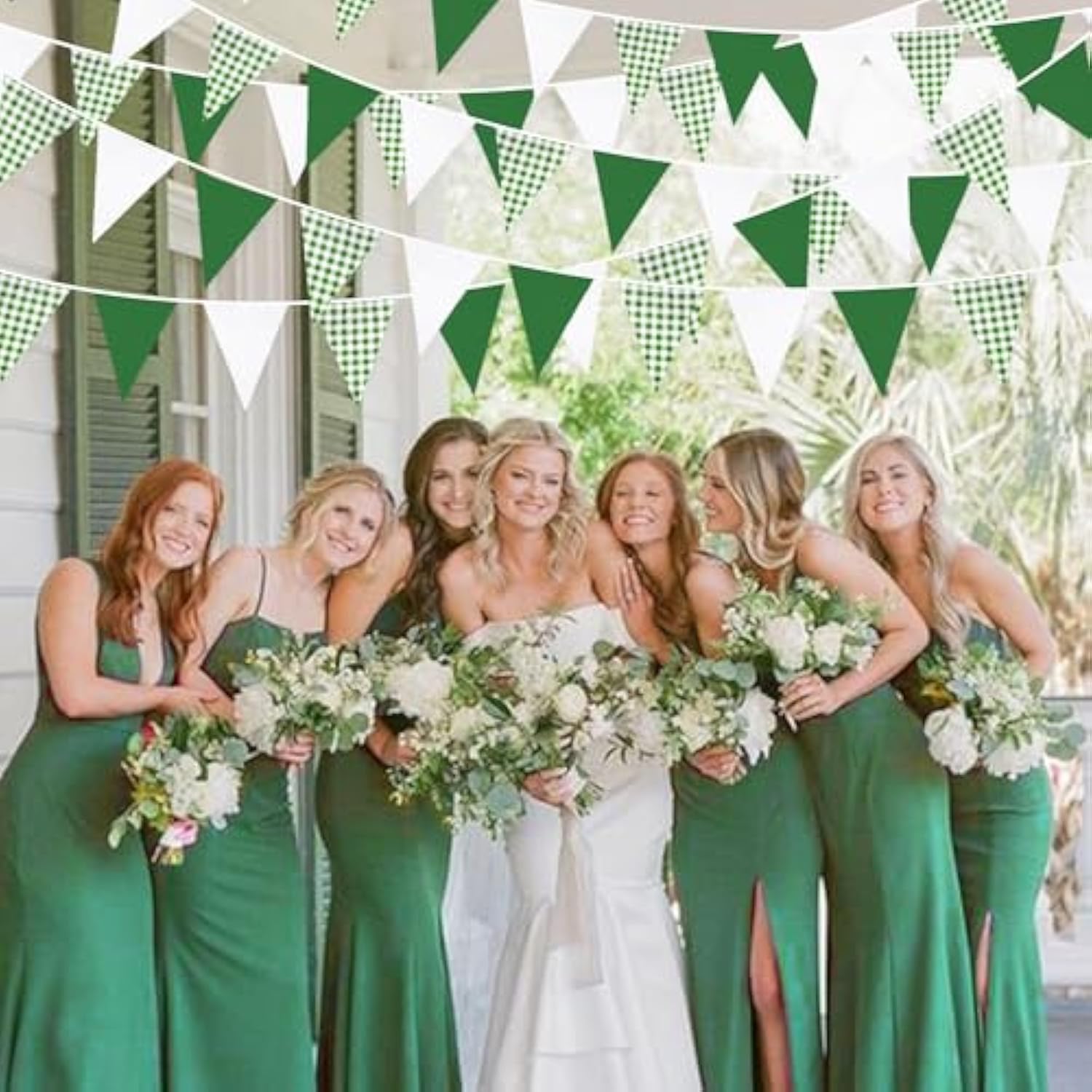 32ft Green Buffalo Plaid Pennant Garland — Checkered Fabric Party Decor