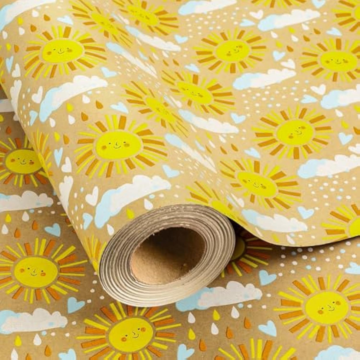 Kraft Baby Shower Wrapping Paper, Recyclable Sunshine, Cloud & Heart Design Baby Gift Wrap Paper For Children Birthday, Party, Holiday, Cute Wrapping Paper Mini Roll (17 Inch X 33 Feet)