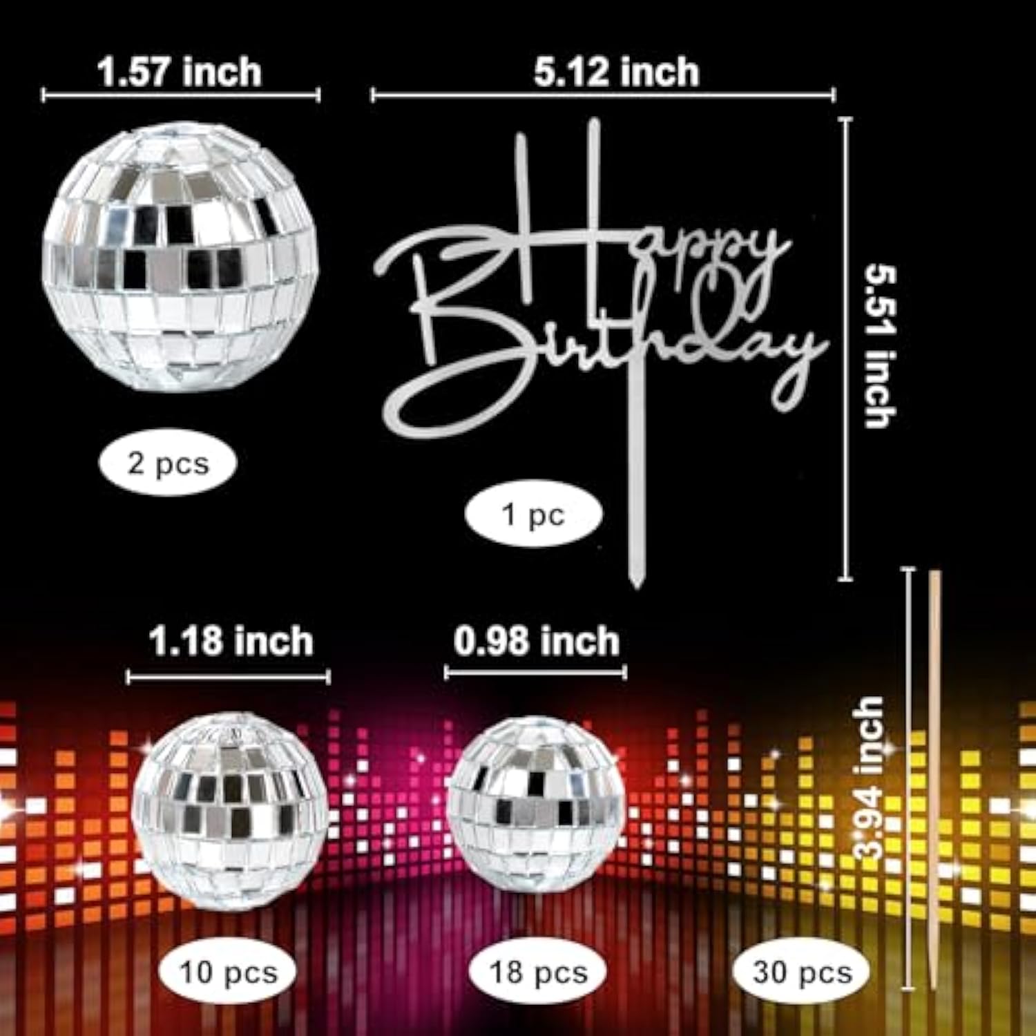 31Pc Disco Ball Cake Toppers & Happy Birthday Pick for 1970s Theme Party Decor