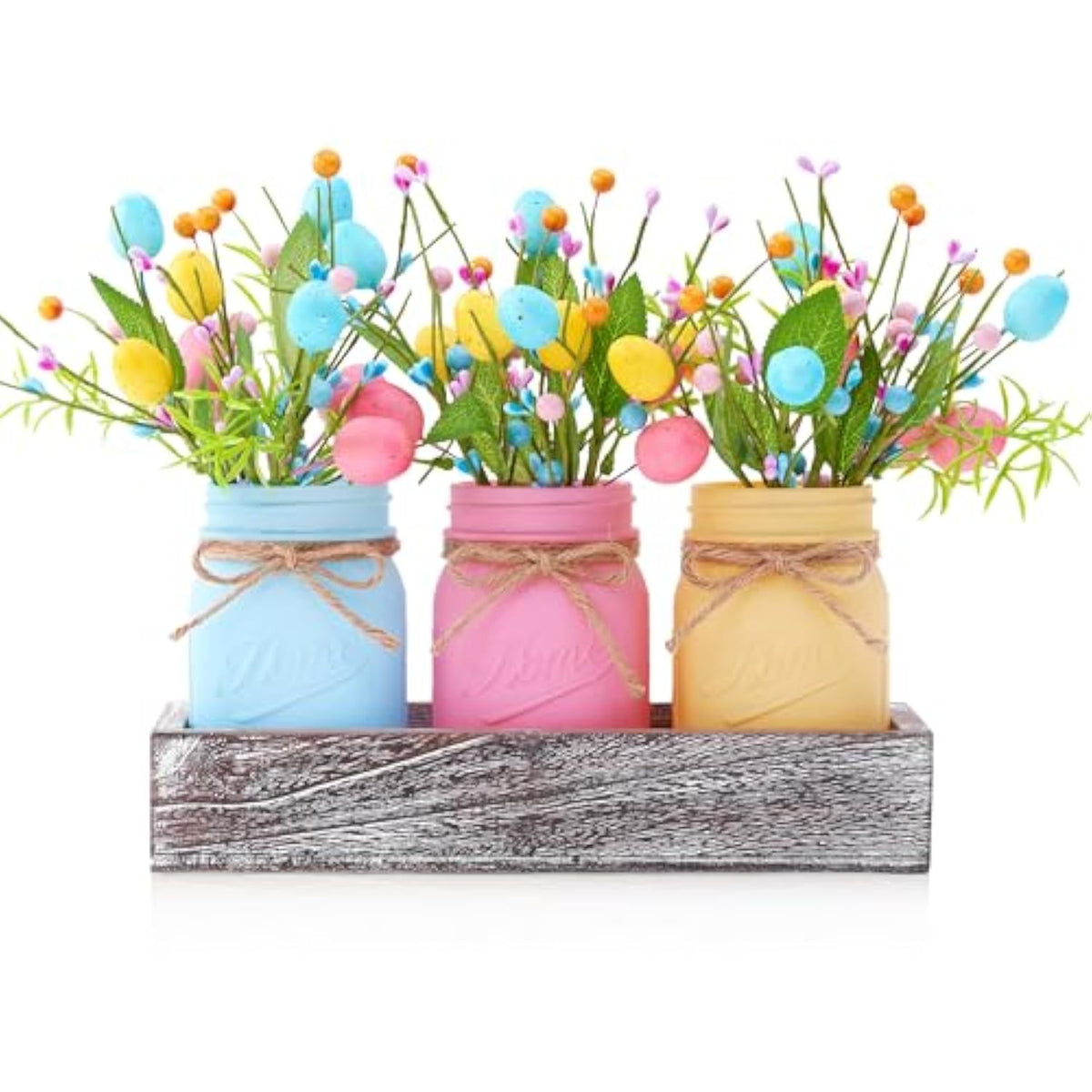 Mason Jar Spring Easter Table Decor, Centerpieces For Tables With Pastel Easter Eggs And Berries, Farmhouse Wood Tray, 22 Pcs Easter Spring Decorations Indoor For Home Office Table