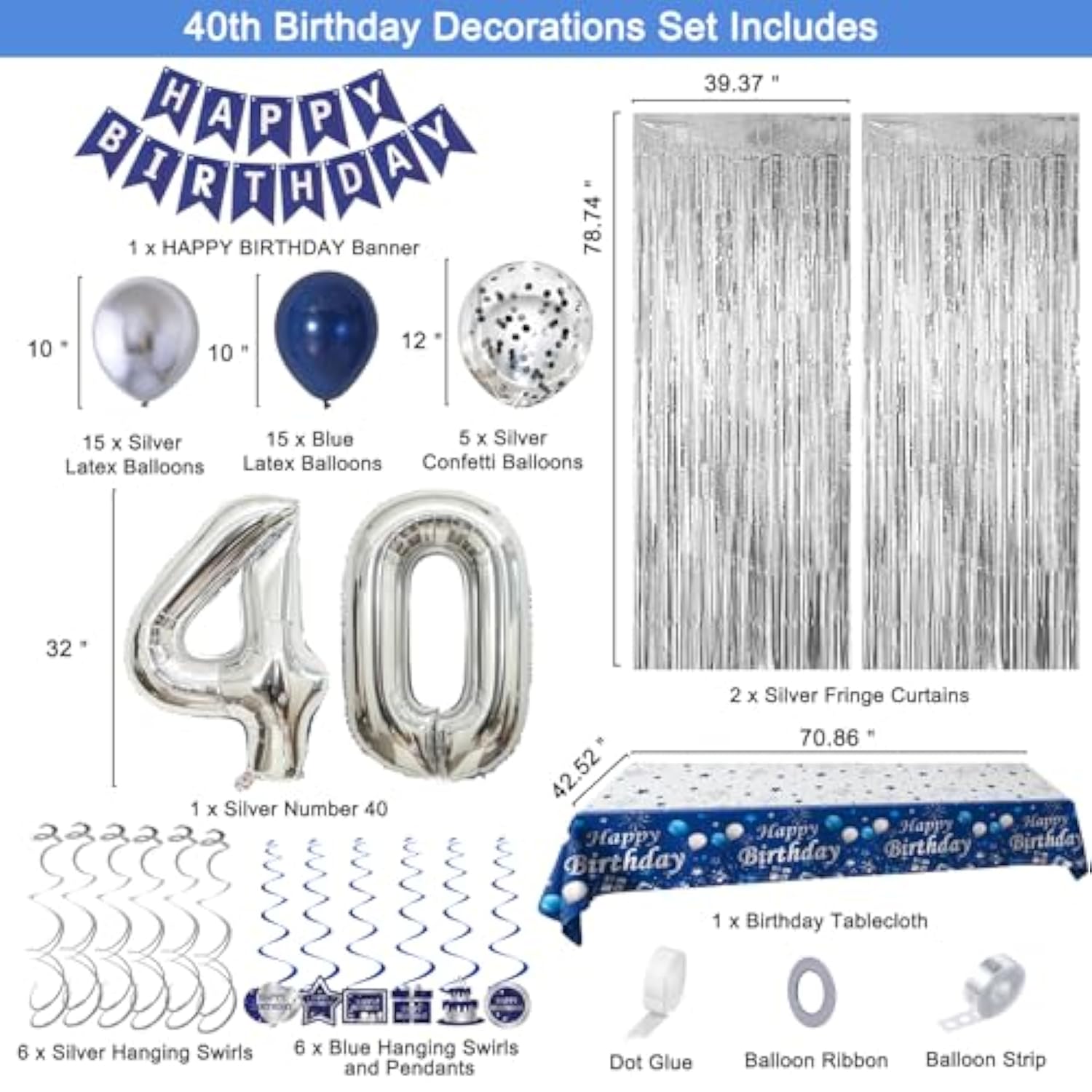 40Th Birthday Decorations For Men, Blue And Silver 40Th Birthday Party Decorations For Him, Happy Birthday Banner 40Th Birthday Balloons Tablecloth Fringe Curtains Hanging Swirls Bday Party Supplies