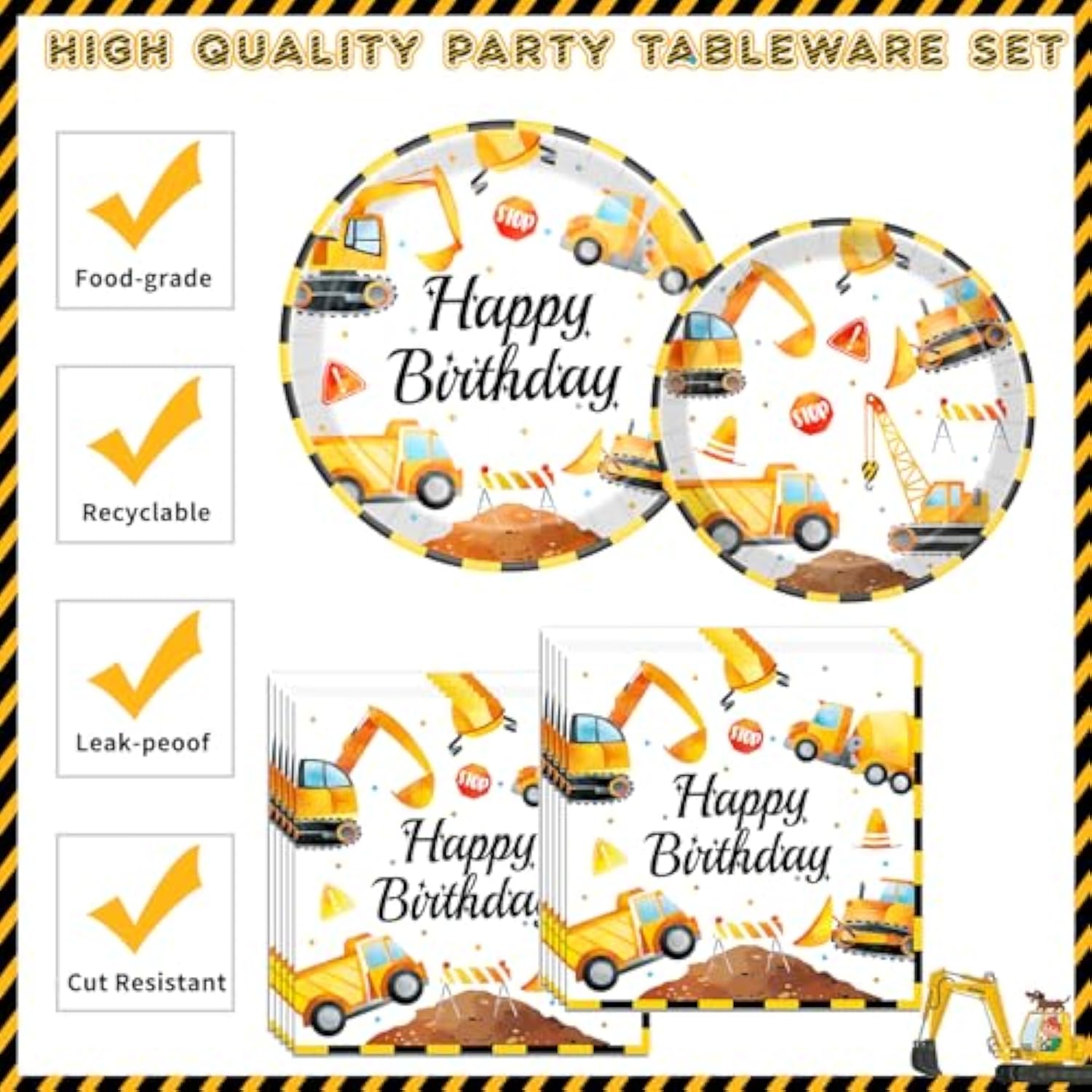 Construction Birthday Party Supplies For 24 Guests - Decorations Include Plates, Napkins, Cups, Tablecloth, Cake Toppers For Boys Construction Theme Birthday Party
