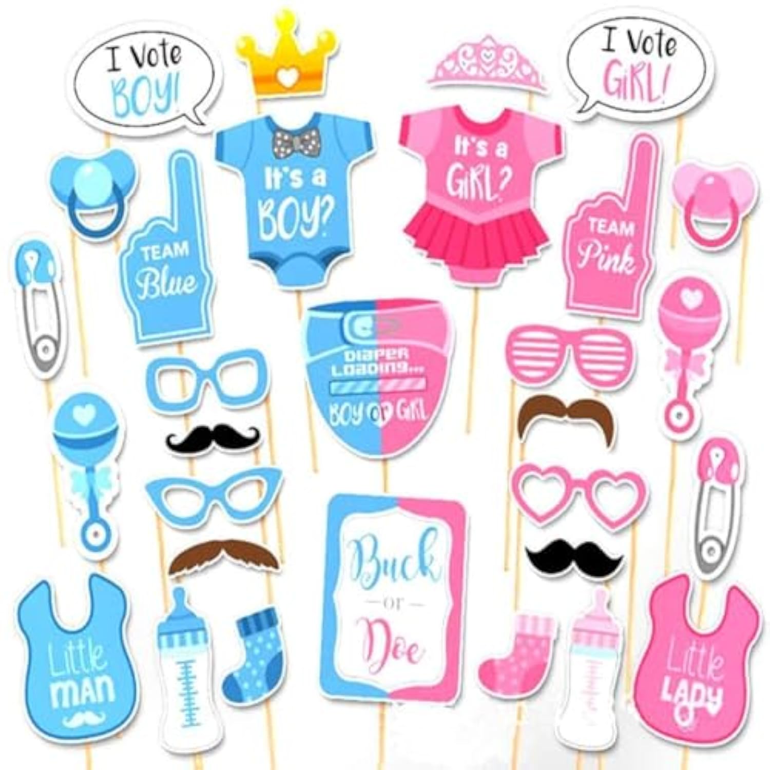 30Pcs Gender Reveal Photo Booth Props Boy Or Girl Theme Selfie Props Baby Shower Gender Prediction Decor He Or She Photography Backdrop For Gender Reveal Baby Shower Party Supplies