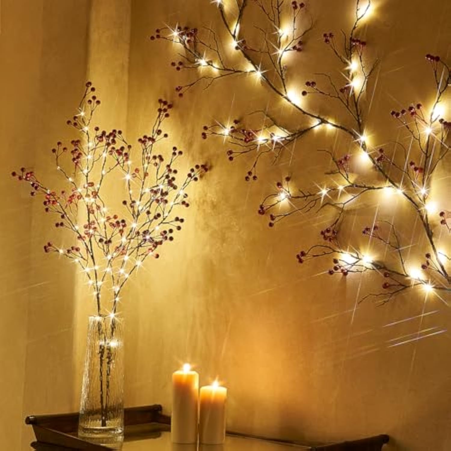 Lighted Red Berry Branches 80 Led Fairy Lights With Timer Usb Plug In Or Battery Operated