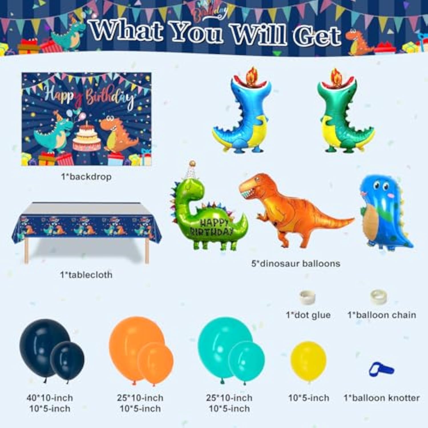 140 Pcs Dinosaur Birthday Party Decorations, Blue Dinosaur Party Decorations For Boys Girls Kids Includes Balloons, Customized Backdrop, Tablecloth For Baby Shower Decorations