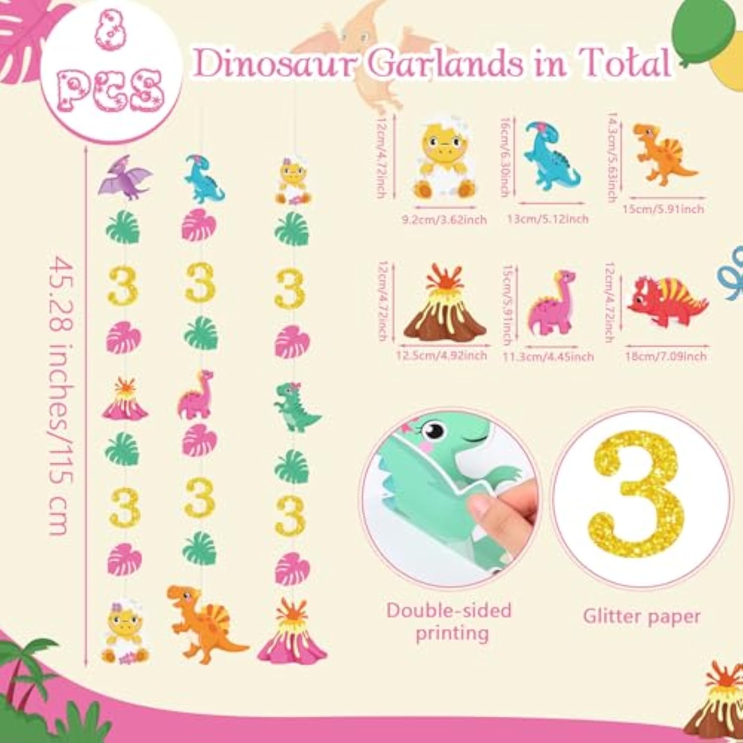 8 Pcs 3Rd Dinosaur Party Decorations Three Rex Birthday Decorations 3Rd Dino Paper Hanging Garland Banner Backdrop For Kids Dino Theme Birthday Baby Shower Party Supplies Ceiling Decor(Girl)