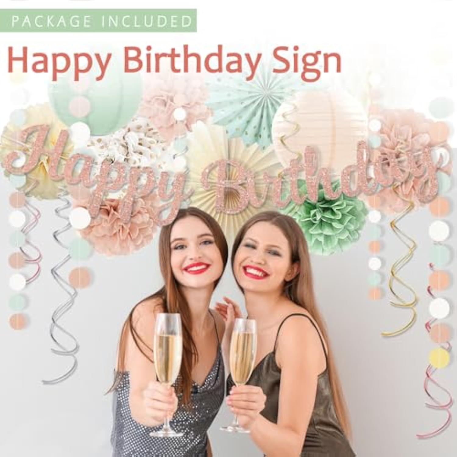 Sage-Green Blush-Pink Birthday Decorations For Women Girls, Cream Light Beige Happy Banner, Paper Lanterns Pom Poms, Olive Green Dusty Pink Balloons, Boho Fairy Anniversary Princess Party Décor