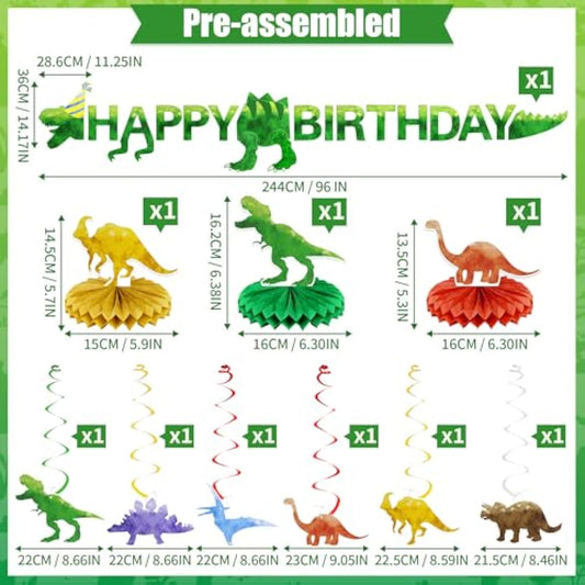 Pre-Strung Dinosaur Happy Birthday Decorations Banner Party For Boys Girls Kids,Dino Theme Hanging Swirl Table Decor
