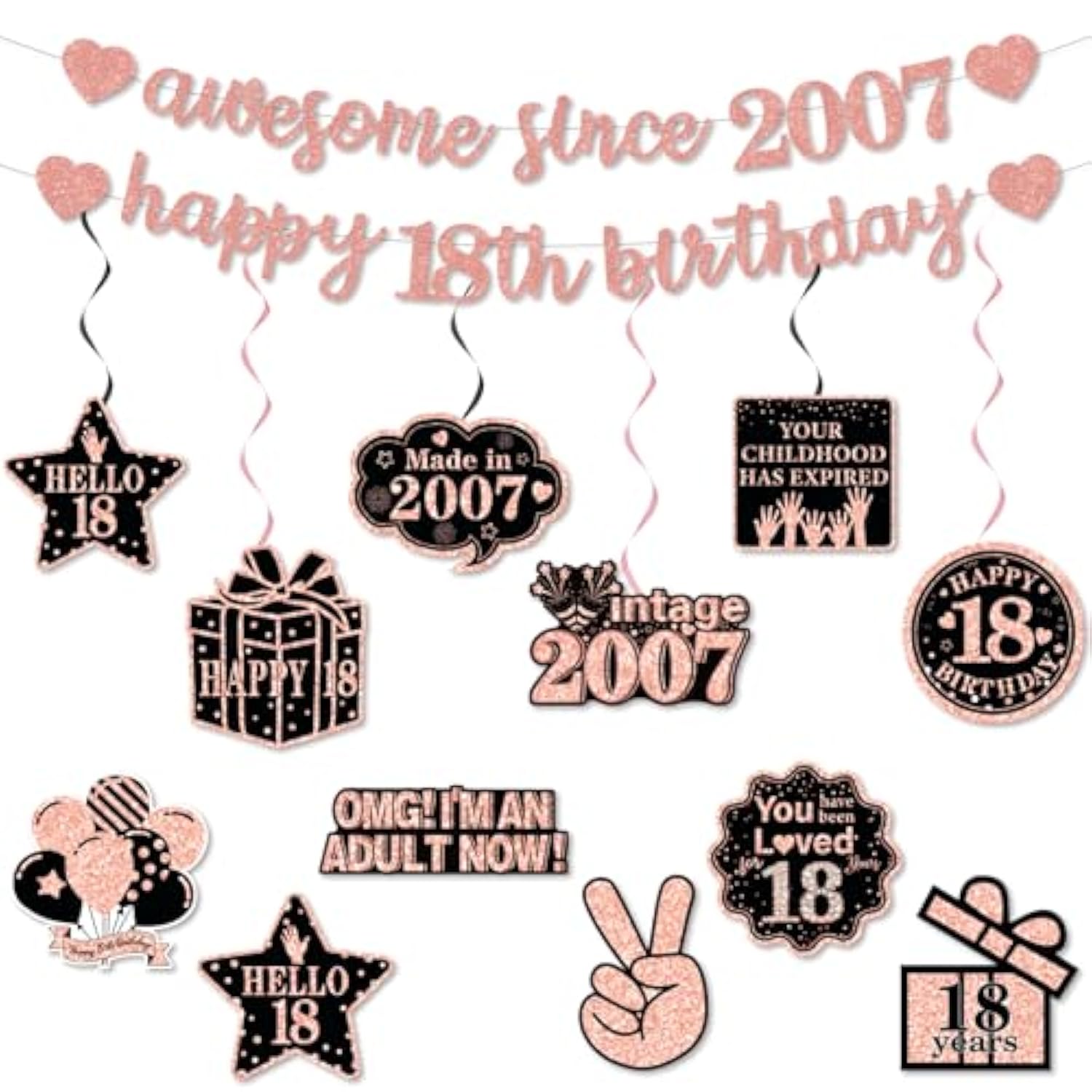 Pre-Strung 18Th Birthday Banner Decorations For Girls, Glitter Happy 18Th Birthday Decor, Rose Gold Eighteen Years Bday Hanging Swirls Party Supplies