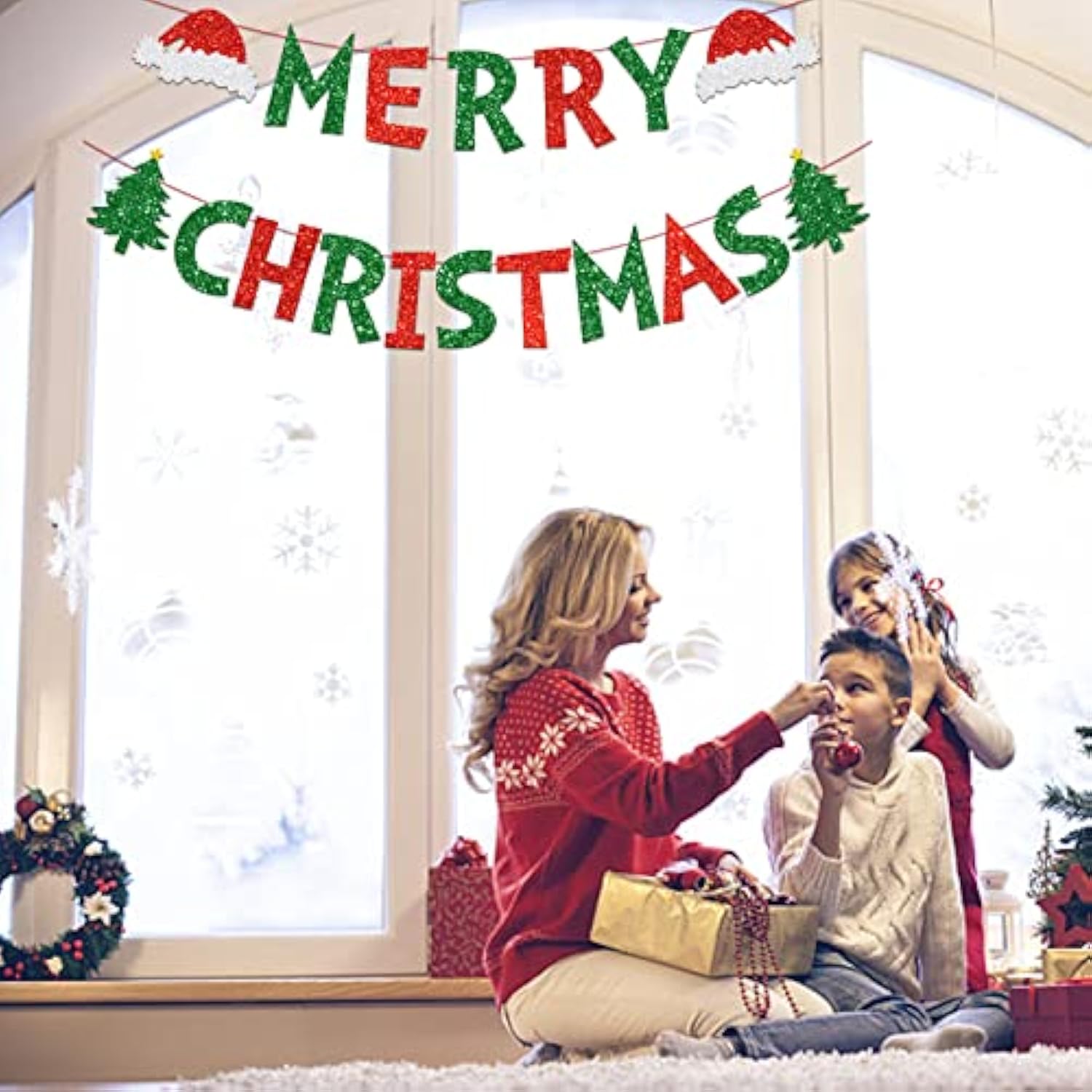 Merry Christmas Banner, Glittery Christmas Decorations Banners Winter Holiday Garland Photo Props Banner For Party Home Decorations