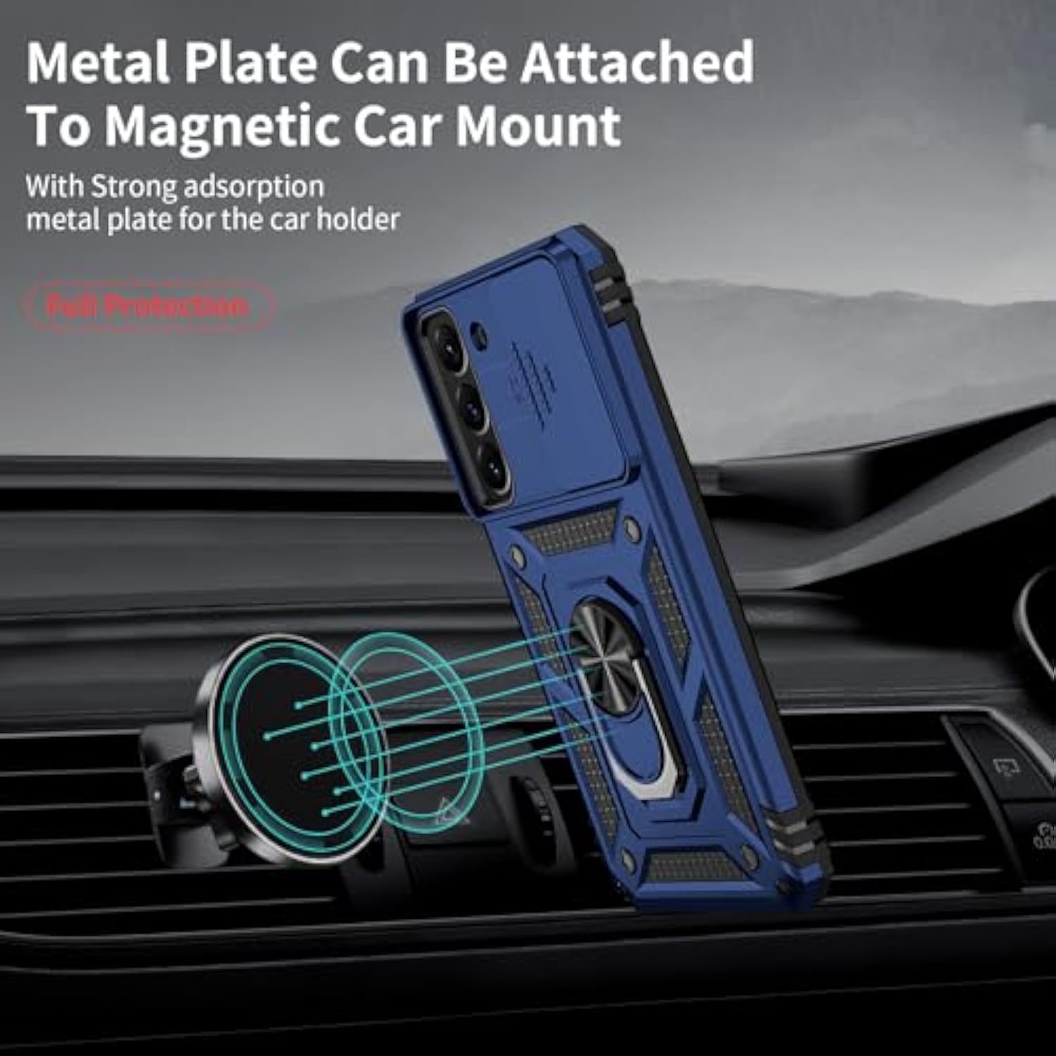 For Samsung Galaxy S22 Plus Case With Camera Lens Cover, Hd Screen Protector, 10 Ft Military Grade Drop Protection, Magnetic Ring Holder Kickstand Protective Phone Case, Navy Blue