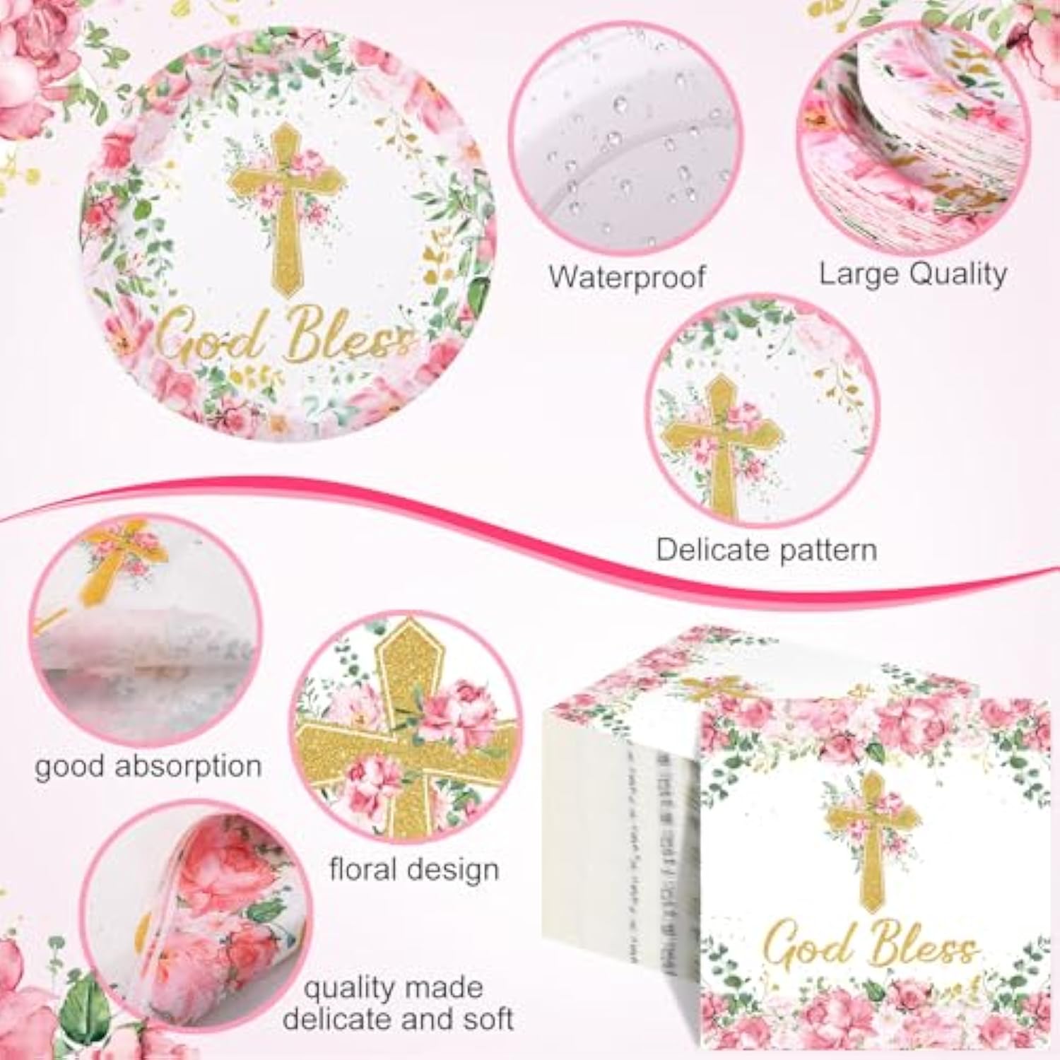 250 Pcs Pink Baptism Cross Disposable Tableware Set First Holy Communion Baptism Disposable Paper Plates Napkins And Cups For Christening Celebration Baby Shower Religious Supplies