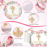 250 Pcs Pink Baptism Cross Disposable Tableware Set First Holy Communion Baptism Disposable Paper Plates Napkins And Cups For Christening Celebration Baby Shower Religious Supplies