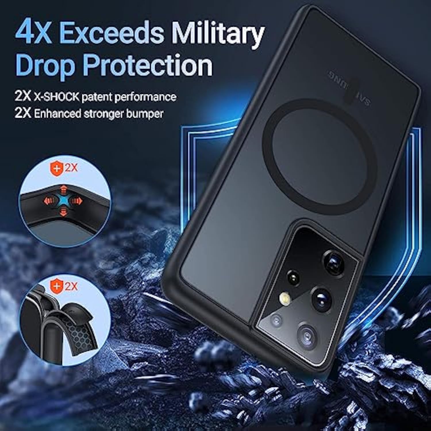 For Samsung Galaxy S21 Ultra Mag Safe Case,Slim Shockproof Protective Cover With Magnetic,Frosted Hard Back Soft Silicone Tpu Bumper Phone Case Compatible Galaxy S21 Ultra 6.8Inch,Matte Black