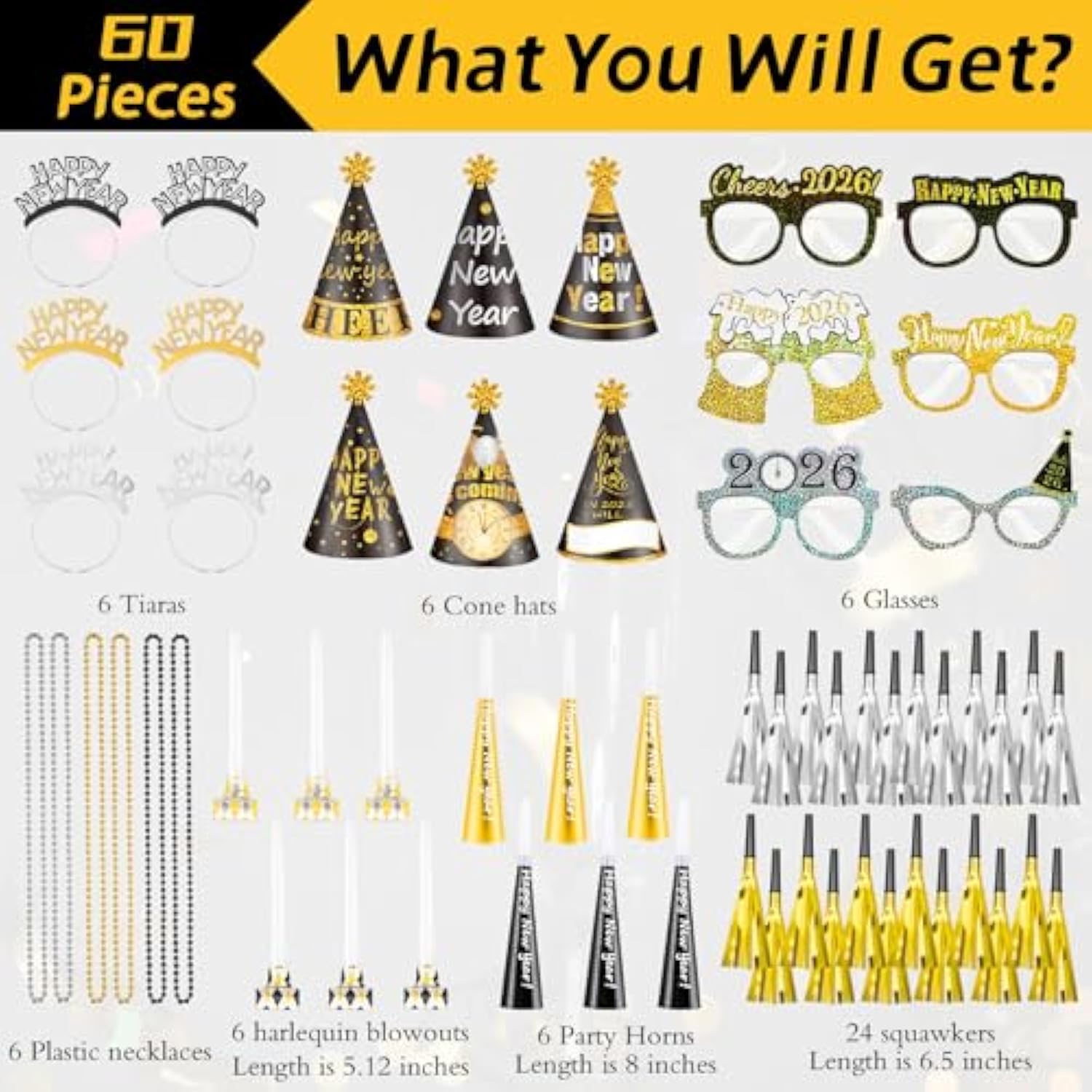 60pcs New Year 2026 Party Supplies Hats Blowers Noise Makers Accessories