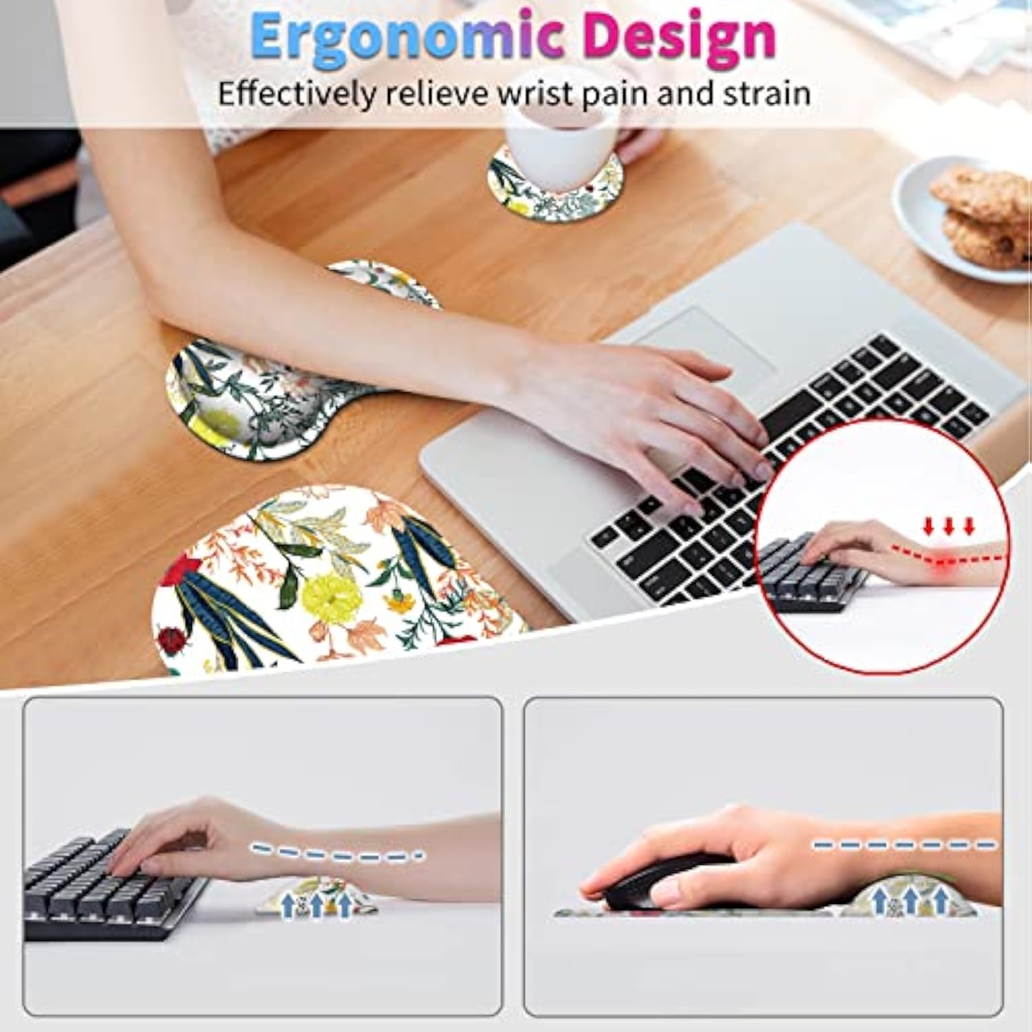 Cute Small Mouse Pad + Mouse Wrist Rest Support Set + Coaster, Ergonomic Memory Foam Mouse Wrist Rest For Laptop Computer Office Home Working Gaming, Beautiful Floral