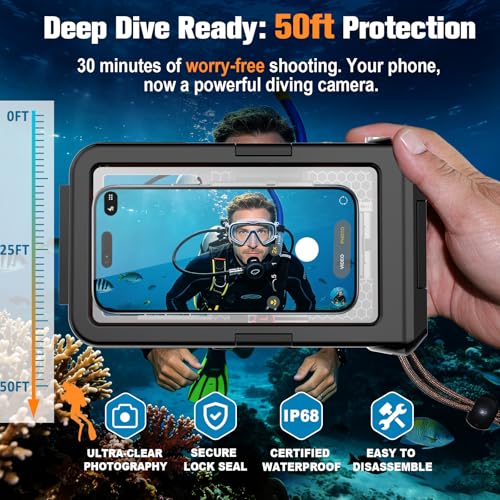 Underwater Diving Waterproof Case for iPhone 17 / 16 / 15 / 14 Series, Aluminum Alloy Phone Housing with Clear Lens, for Snorkeling, Scuba Diving &