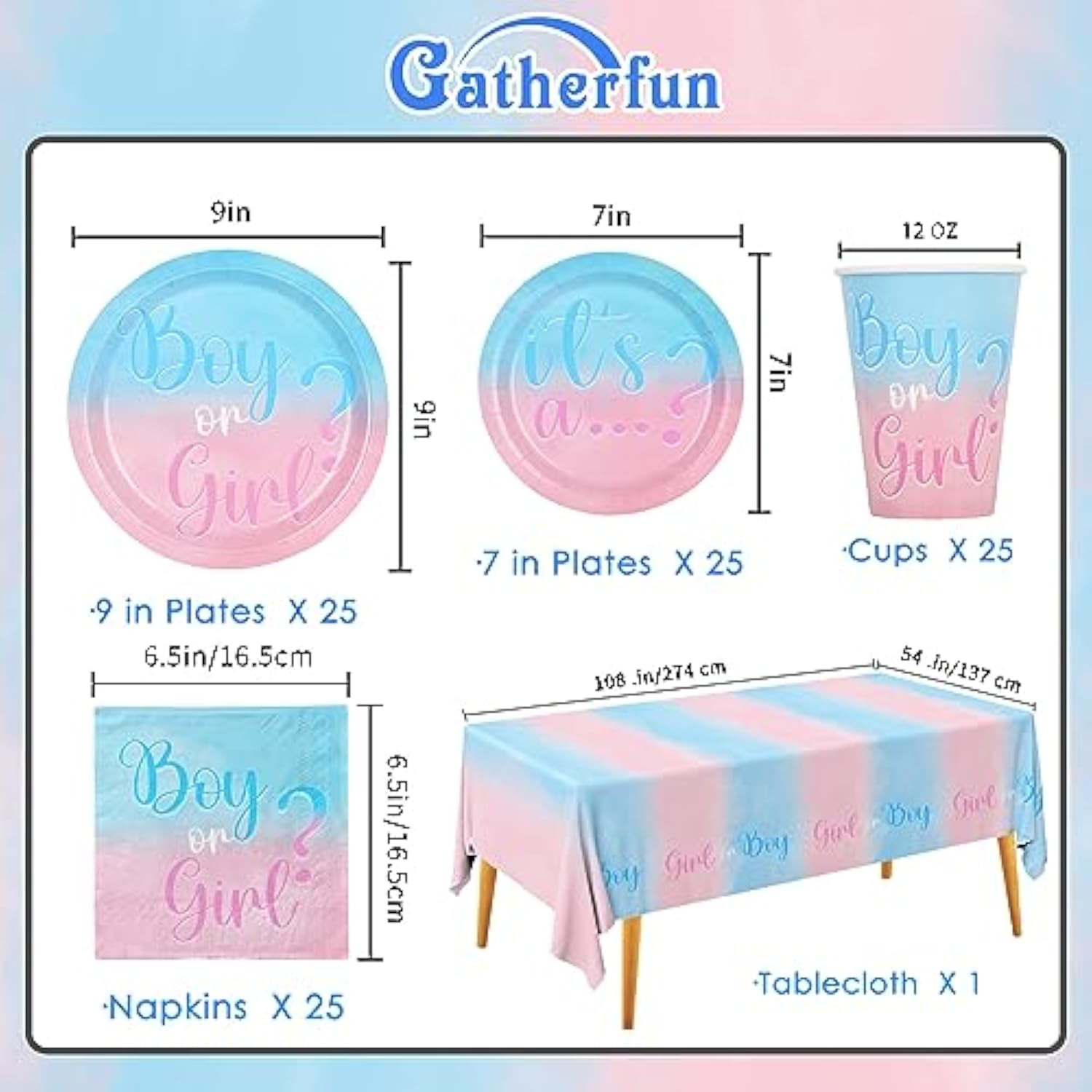 Gender Reveal Party Supplies – Boy or Girl Plates, Cups, Napkins & Tablecloth for 25 Guests