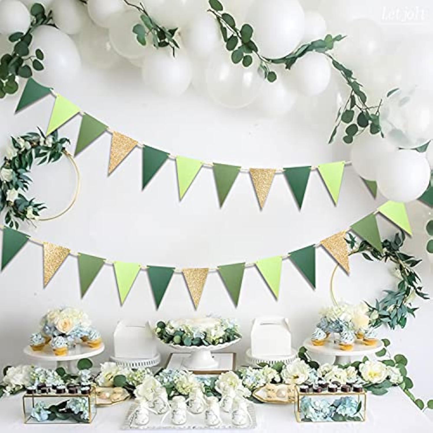 Green Triangle Banner Decoration Golden Greenery Party Supplies Bunting Signs For Birthday Nursery Anniversary Decoration Graduation Flags 15 Pcs 10 Feet