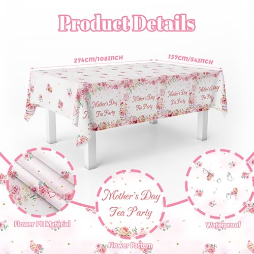 Mother’s Day Tea Party Tablecloth 3 Pack 54x108 Inch Pink Floral Rose Disposable Table Cover, Mothers Day Tea Party Decorations for Mom Brunch, Garden Party Supplies