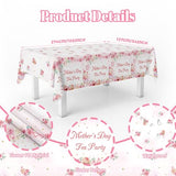 Mother’s Day Tea Party Tablecloth 3 Pack 54x108 Inch Pink Floral Rose Disposable Table Cover, Mothers Day Tea Party Decorations for Mom Brunch, Garden Party Supplies