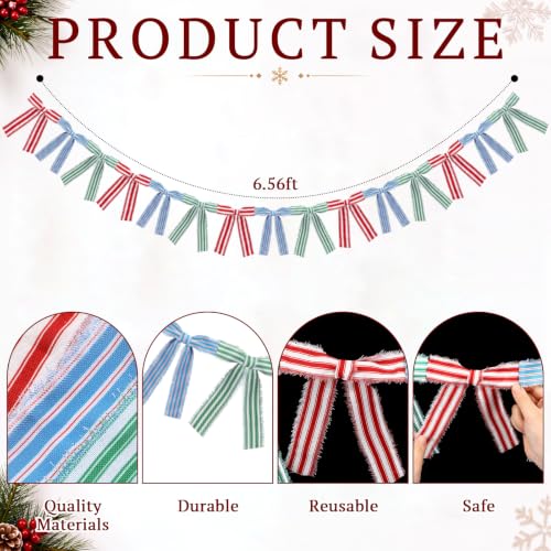 6.7 ft Christmas Fringed Stripe Bow Garland Red Blue Green Tattered Edge
