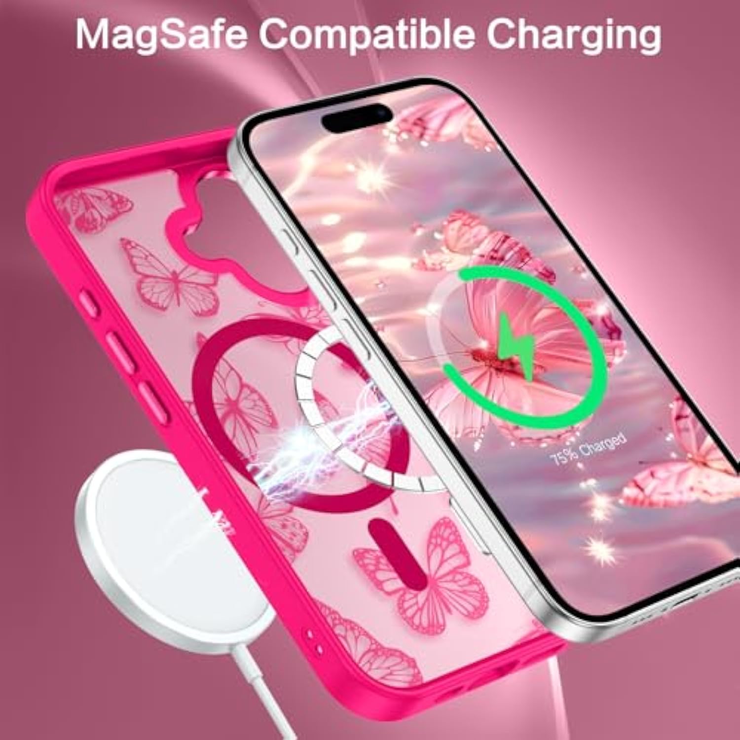 For Iphone 16 Plus Case,Cute Butterfly Pattern Iphone 16 Plus Magnetic Case [Compatible With Magsafe] Translucent Matte Slim Women Girl Protective Cover For Iphone 16 Plus 6.7",Hot Pink