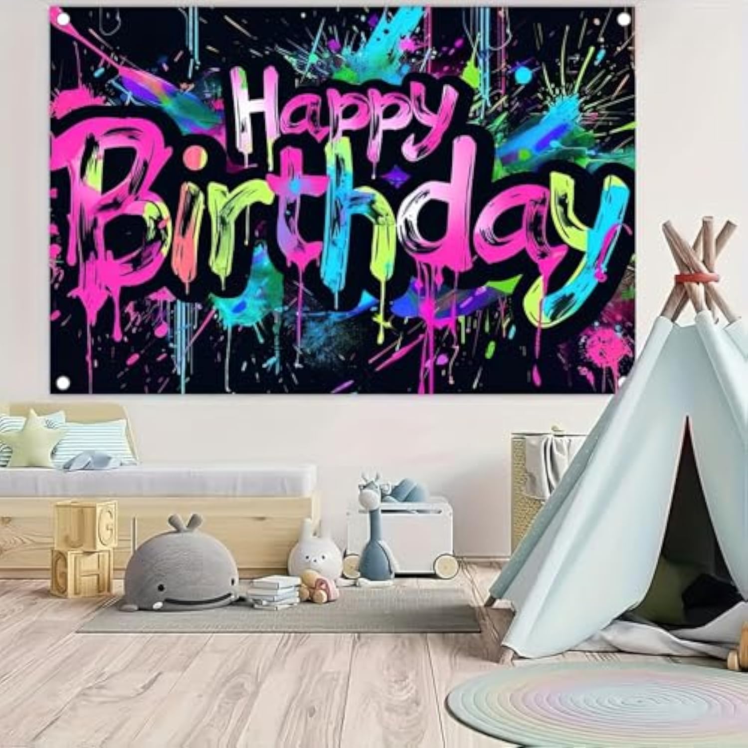 Neon Happy Birthday Banner - 71X43 Photography Backdrops, Party Background Decorations, Colorful Graffiti Splash Paint Kids Birthday Supplies, Glow In The Dark