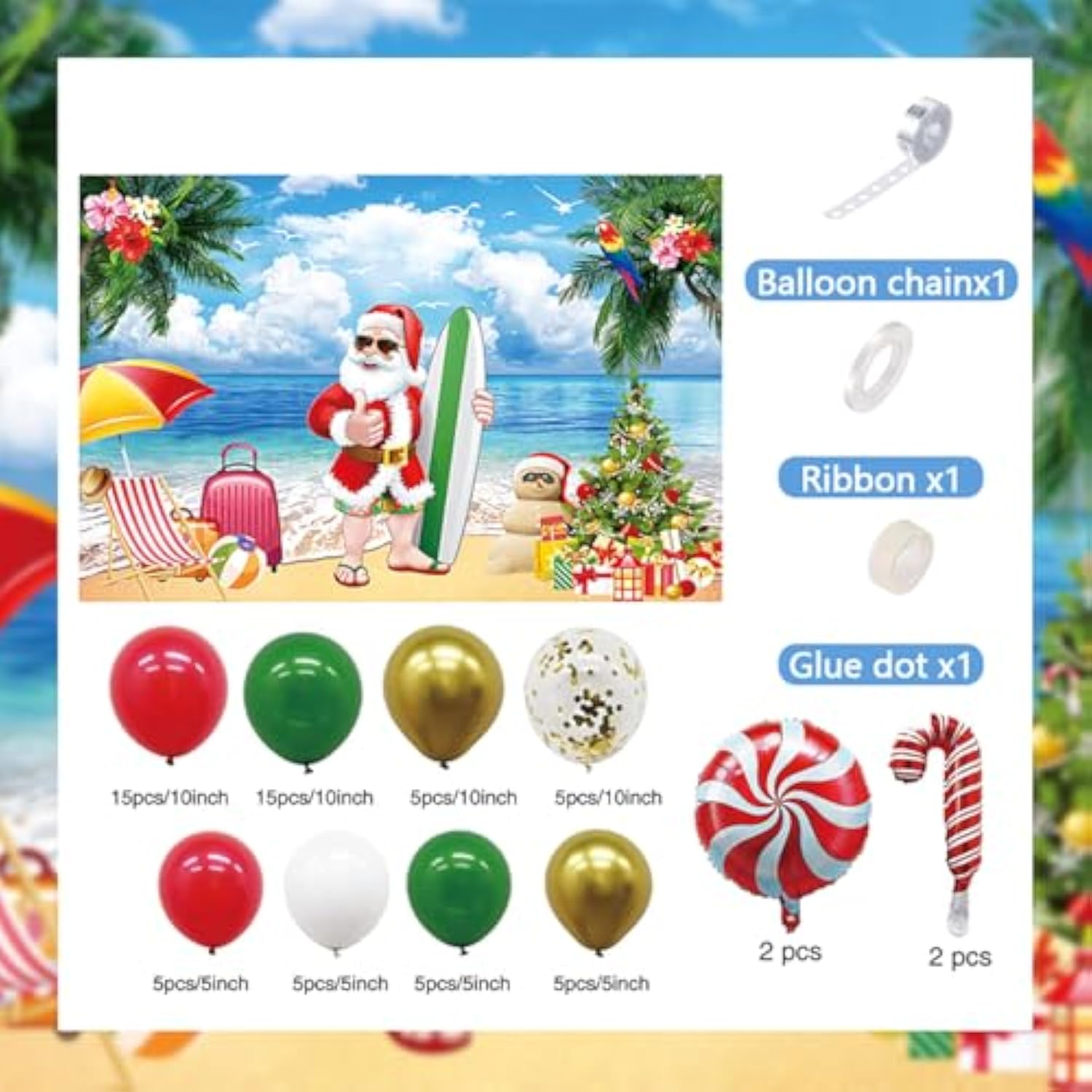 July Christmas Party Decorations Kit, Christmas Balloon Arch Garland Kit with Red Green Golden Candy Balloons, Summer Hawaiian Xmas Backdrop Banner,Tropical Beach Xmas Party Decors Supplies