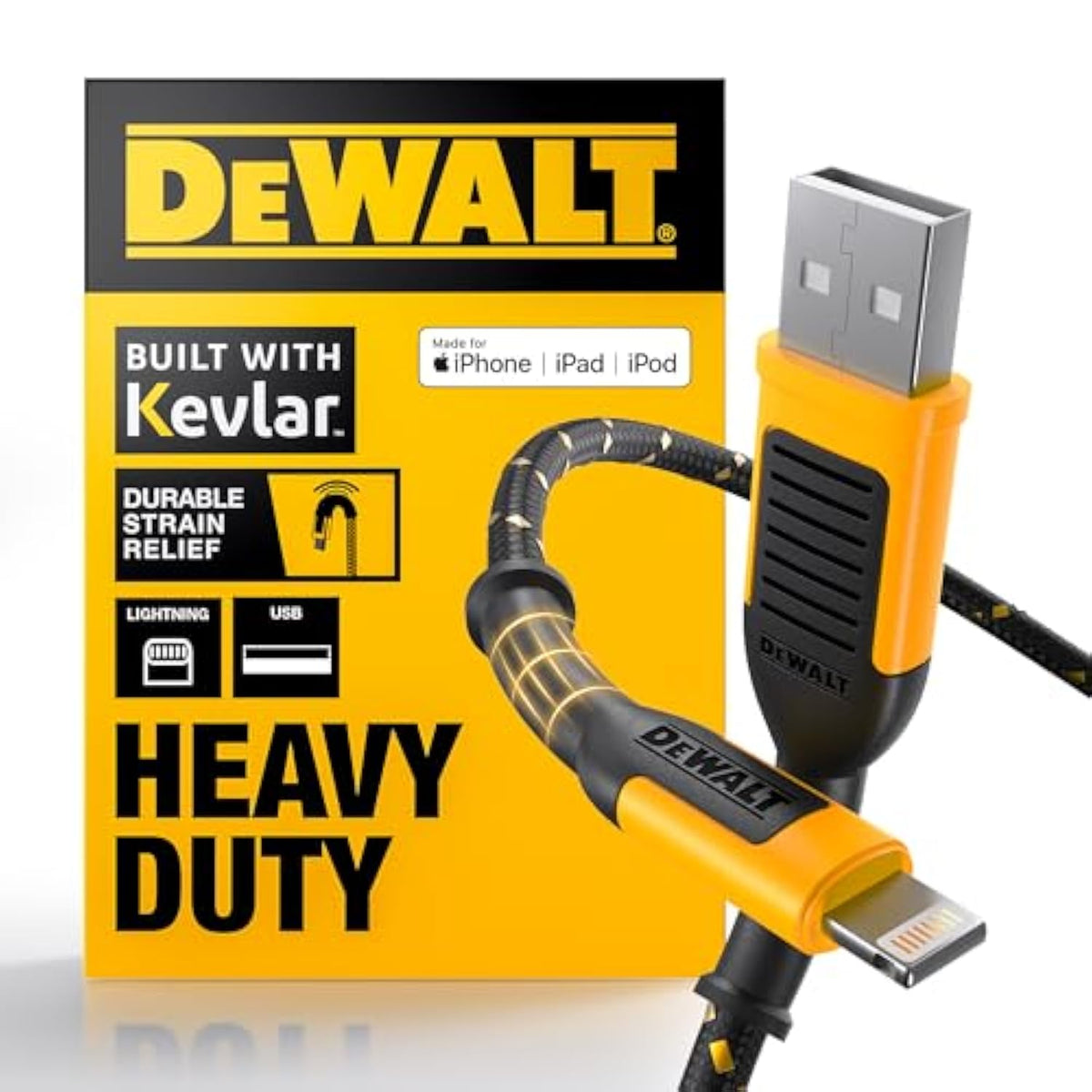 DEWALT Heavy Duty Lightning to USB A Cable — Reinforced Braided Cable for Lightning — Charger Cord Compatible with iPhone — Apple Compatible Charging Cable… (USB A to Lightning, 4FT)