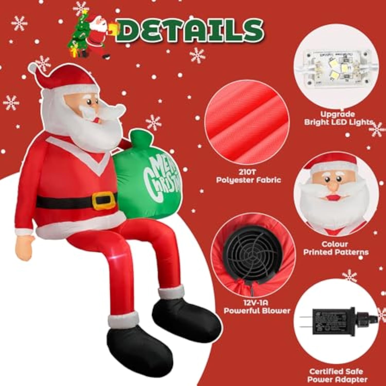 Christmas Inflatable Santa Claus, Outdoor Decorations Sitting Santa Claus Build-In Led Lights, Blow Up Santa Carrying Gi