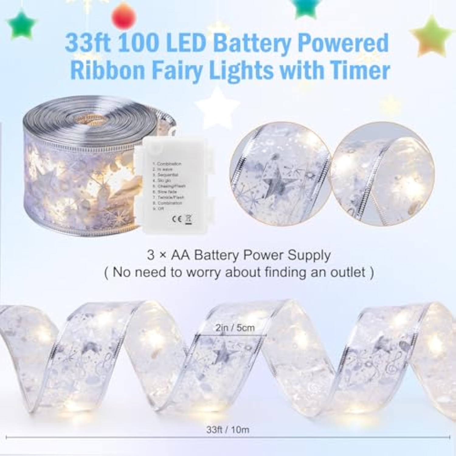 Christmas Tree Ribbon String Lights - 33Ft 100 Led Battery Powered Fairy Lights With Timer