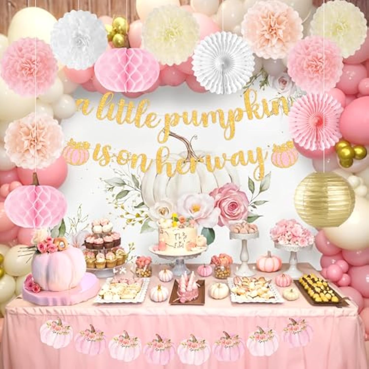 Little Pumpkin Baby Shower Decorations For Girl 15 Pcs Pink Fall Baby Shower Decorations With A Little Pumpkin Is On Her Way Banner, Tissue Pom-Poms, Paper Lantern For It'S A Girl Party