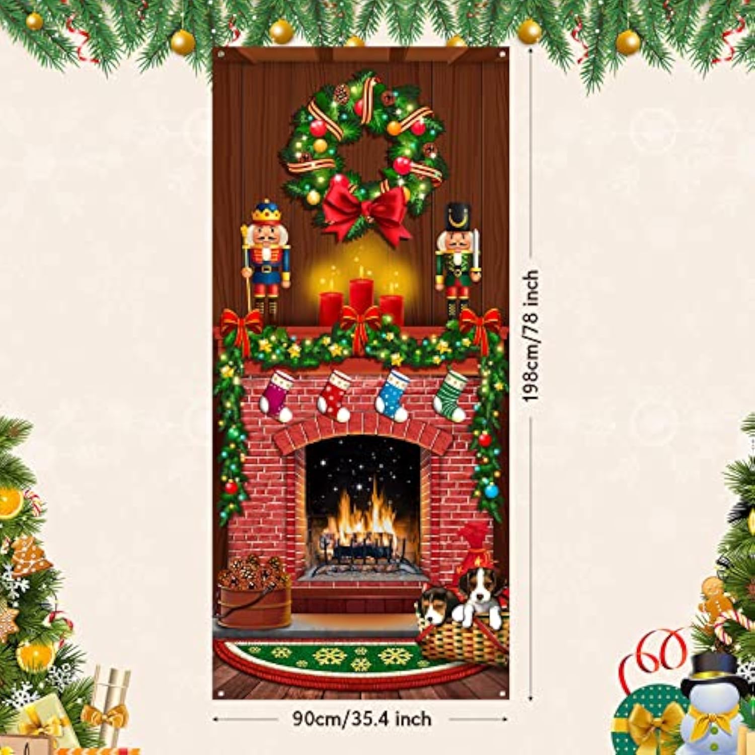 Merry Christmas Door Cover Christmas Fireplace Door Cover Backdrops Xmas Tree Printed Banner Background Xmas Nutcracker Porch Hanging Decorations, 6.5 X 3 Feet
