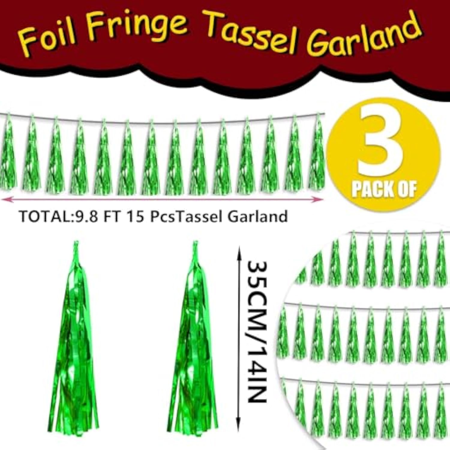 3P Metallic Fringe Tassel Banner Garland Foil Tinsel Streamer Wall Hanging Curtain Backdrop Banner For Parade Floats, Graduation Decorations, Father'S Day Party Decoration(Green)