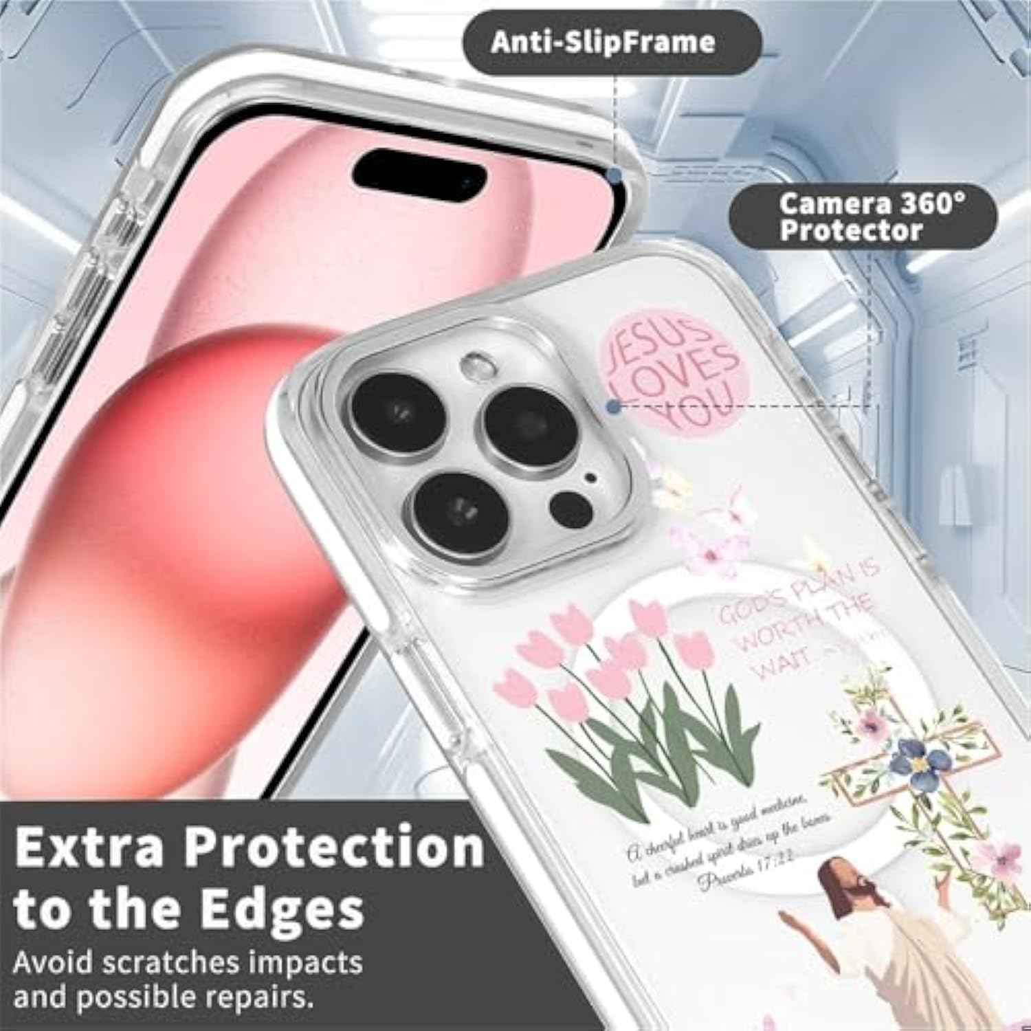 For Iphone 13/14 Case [Compatible With Magsafe],Girls Women Clear Magnetic Case Silicone Shockproof Protective Cover With Pattern Bible Jesus Flowers