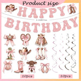 Cowgirl Coquette Pink Birthday Decor with Bows, Swirls & Balloons