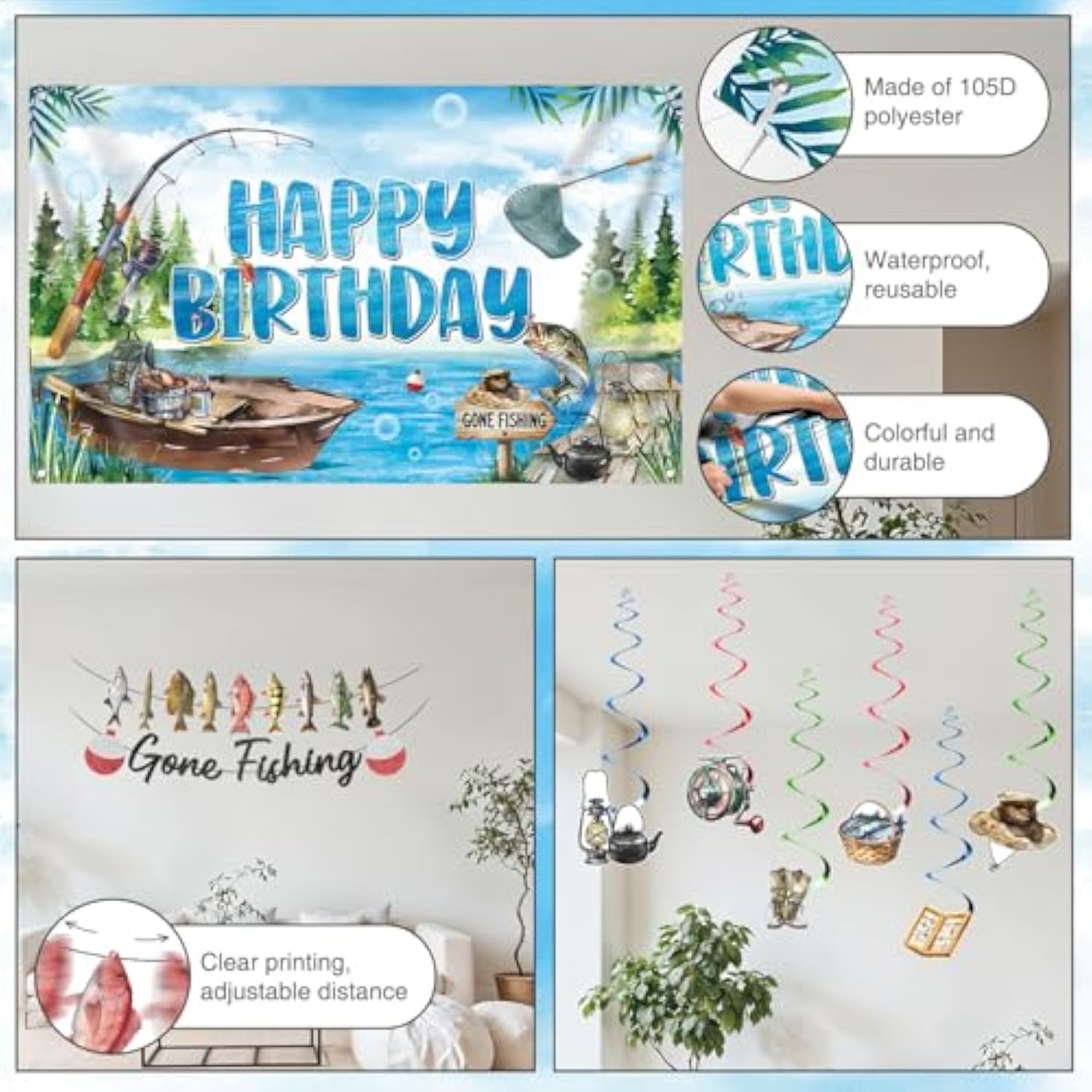 Fishing Birthday Party Decorations, 55 Pack Ofishally One Birthday Decorations, Gone Fishing Party Decorations Includes Backdrop, Tablecloth, Banner, Balloons, Centerpieces, Cupcake Toppers