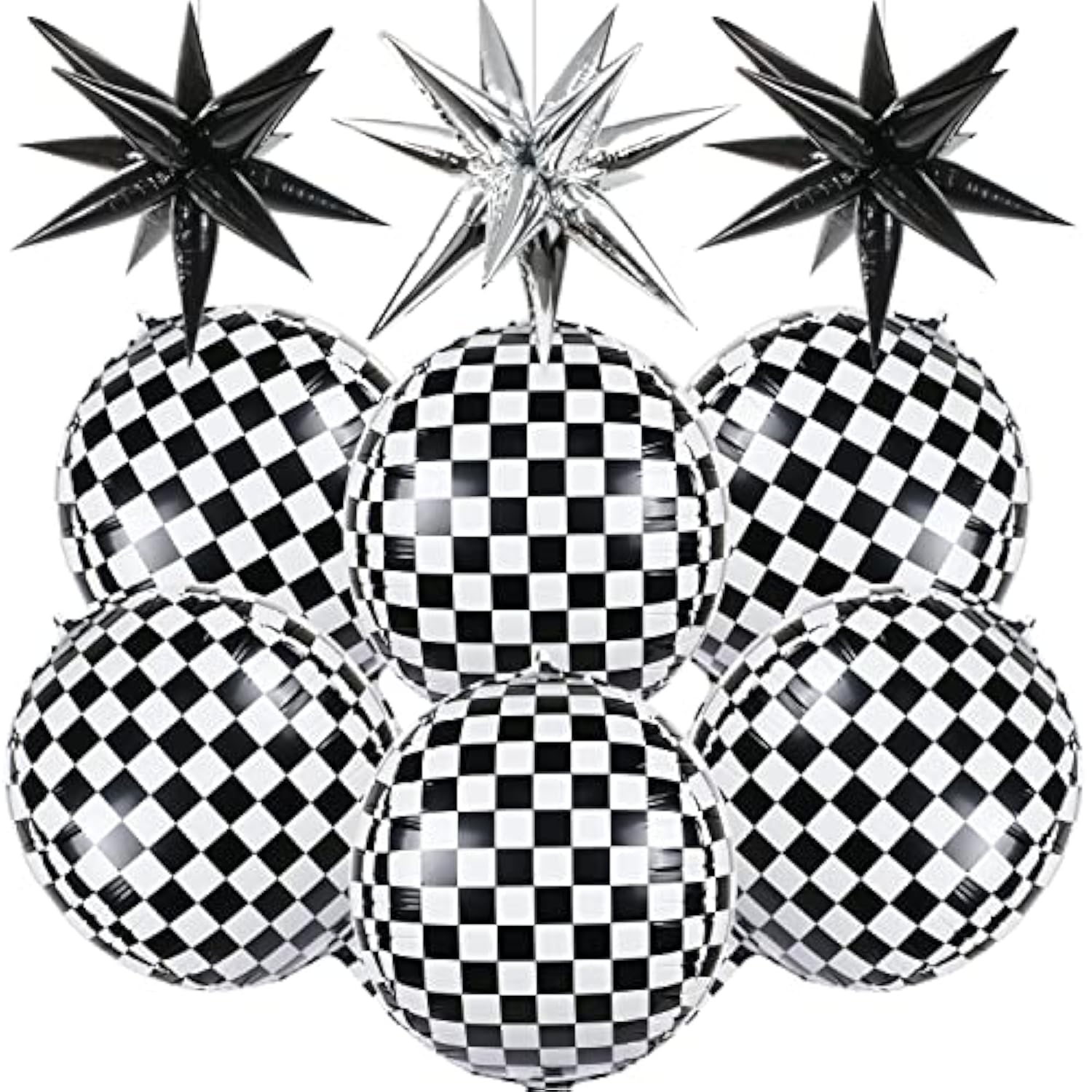 6 Pcs Race Car Checkered Balloons 3 Pcs Explosion Pointed Star Foil Balloons For Racing Party Decorations, 22'' Jumbo Sphere 4D Black And White Checkered Flag Mylar Balloons For Birthday Party