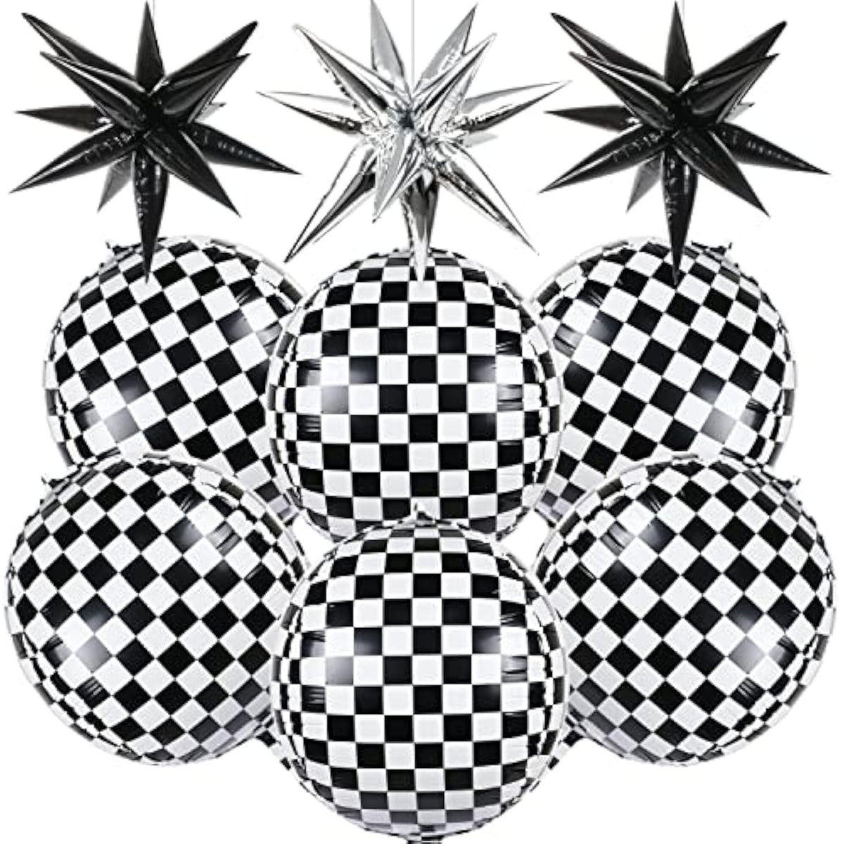 6 Pcs Race Car Checkered Balloons 3 Pcs Explosion Pointed Star Foil Balloons For Racing Party Decorations, 22'' Jumbo Sphere 4D Black And White Checkered Flag Mylar Balloons For Birthday Party