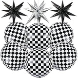 6 Pcs Race Car Checkered Balloons 3 Pcs Explosion Pointed Star Foil Balloons For Racing Party Decorations, 22'' Jumbo Sphere 4D Black And White Checkered Flag Mylar Balloons For Birthday Party