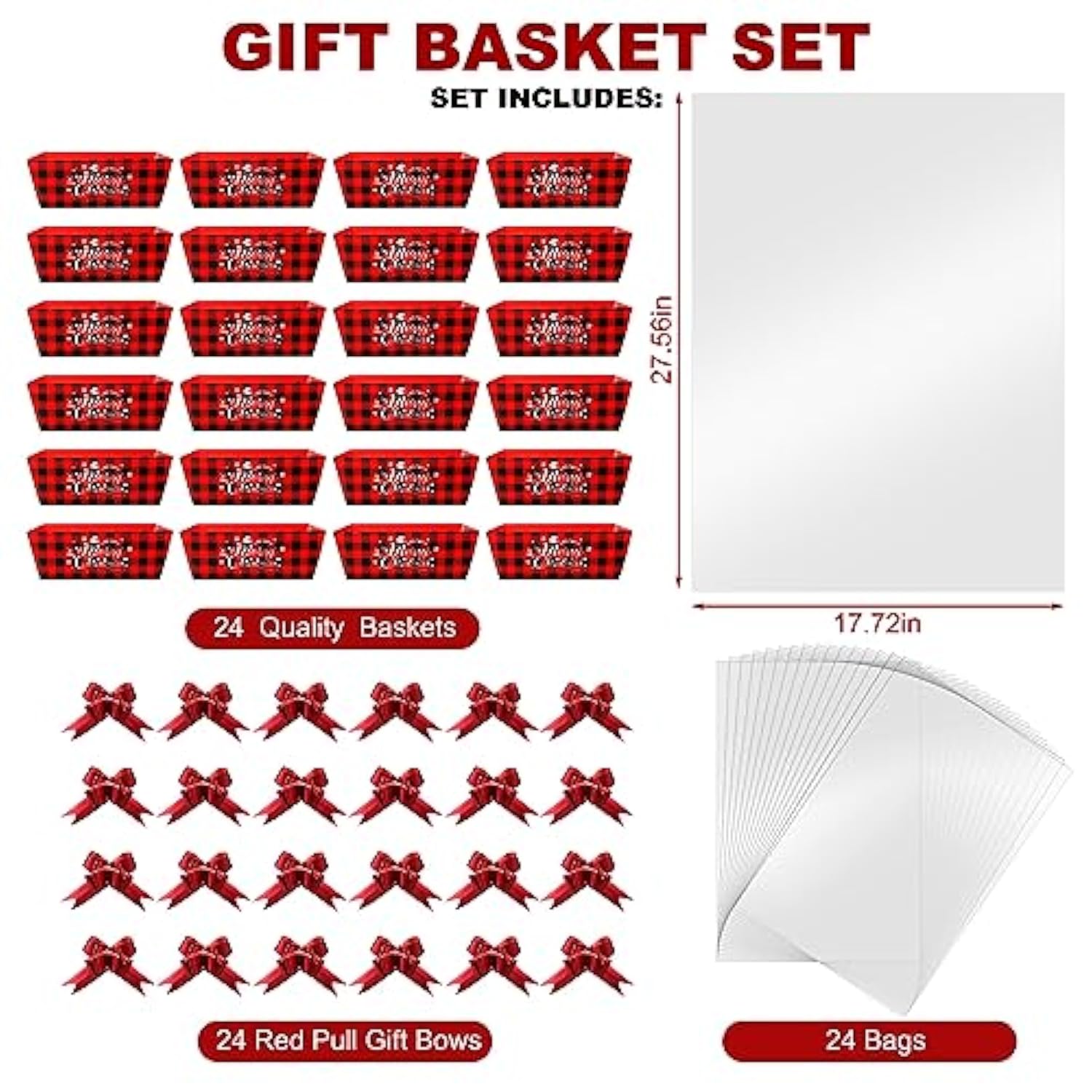 72 Pcs Christmas Gift Baskets Empty To Fill Kit Diy Basket For Gifts Empty Bulk 24 Tray Favor With Handles 24 Bows 24 Clear Basket Bags For Xmas Holiday Birthday (Buffalo Plaid)
