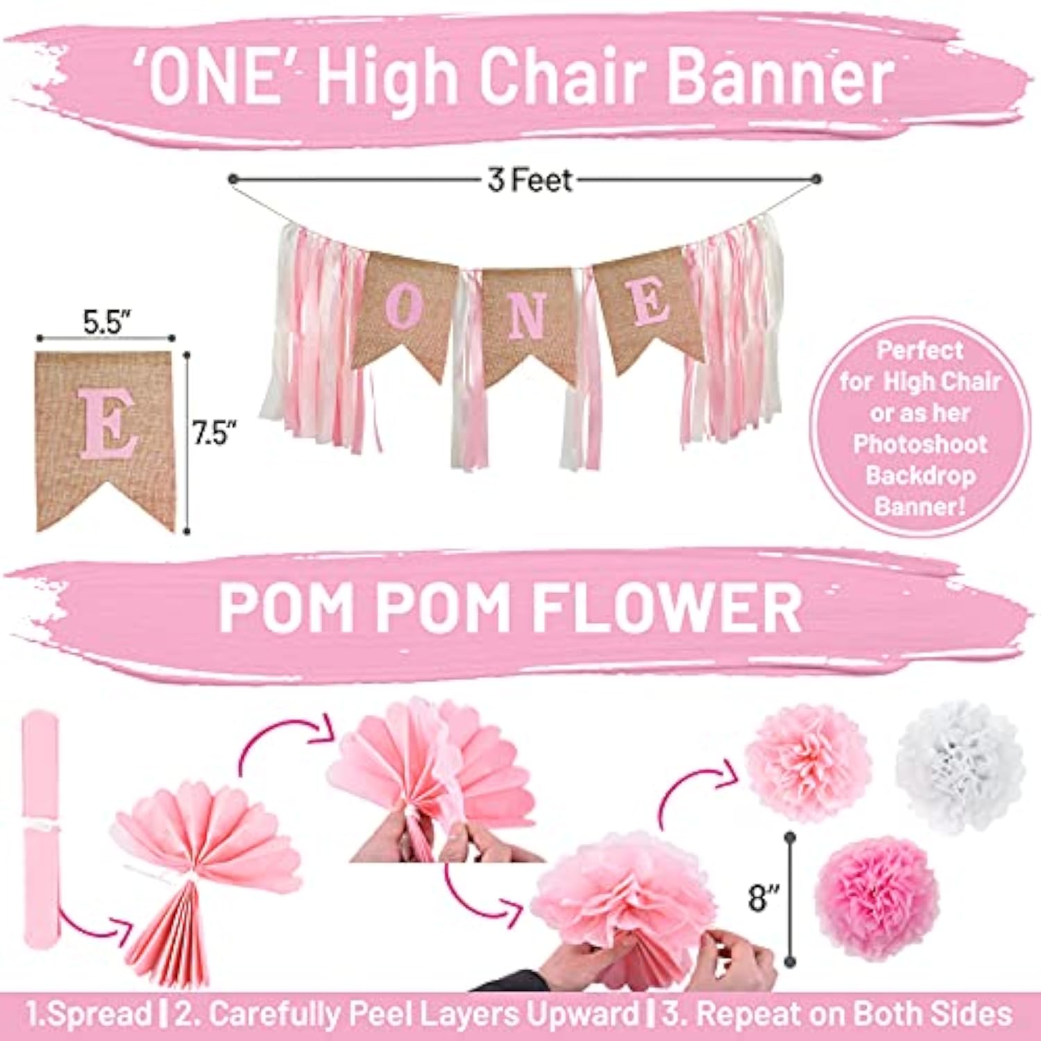 1St Birthday Girl Decorations With Birthday Crown- Baby First Birthday Decorations Girl - Pink And Gold Party Supplies - One Balloon, Heart And Confetti Balloons, Happy Birthday Banner One Cake Topper
