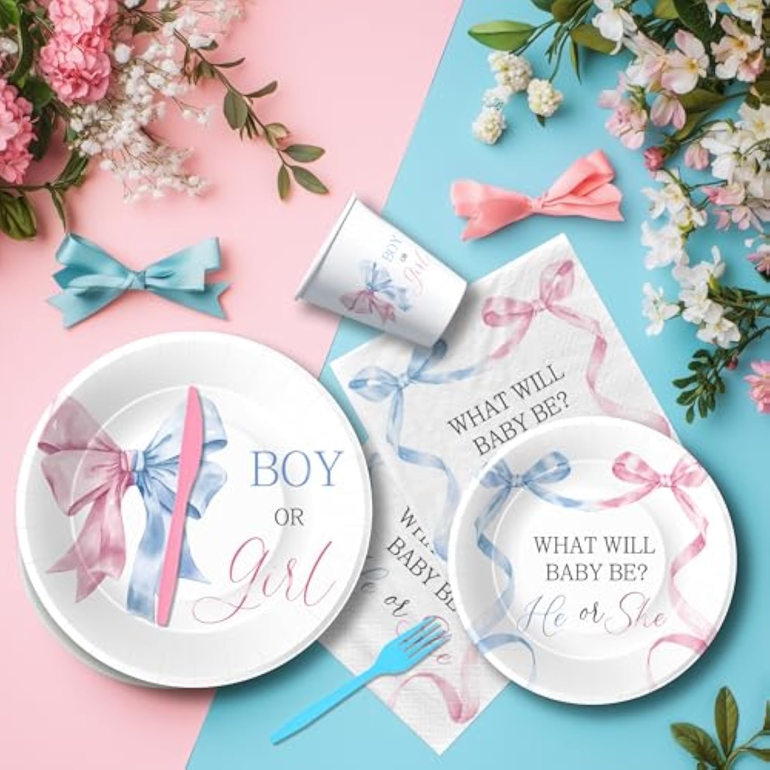 Pink Blue Bow Gender Reveal Decorations, Bow Theme Boy Or Girl Gender Reveal Party Supplies For Baby Shower, He Or She Paper Plate, Cup, Napkin, Disposable Cutlery, Serves 24