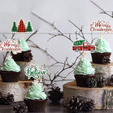 24 Pack Merry Christmas Cupcake Toppers Picks - Believe Christmas Tree Car For Holiday Theme Birthday Party Cake Decorations Supplies - Green