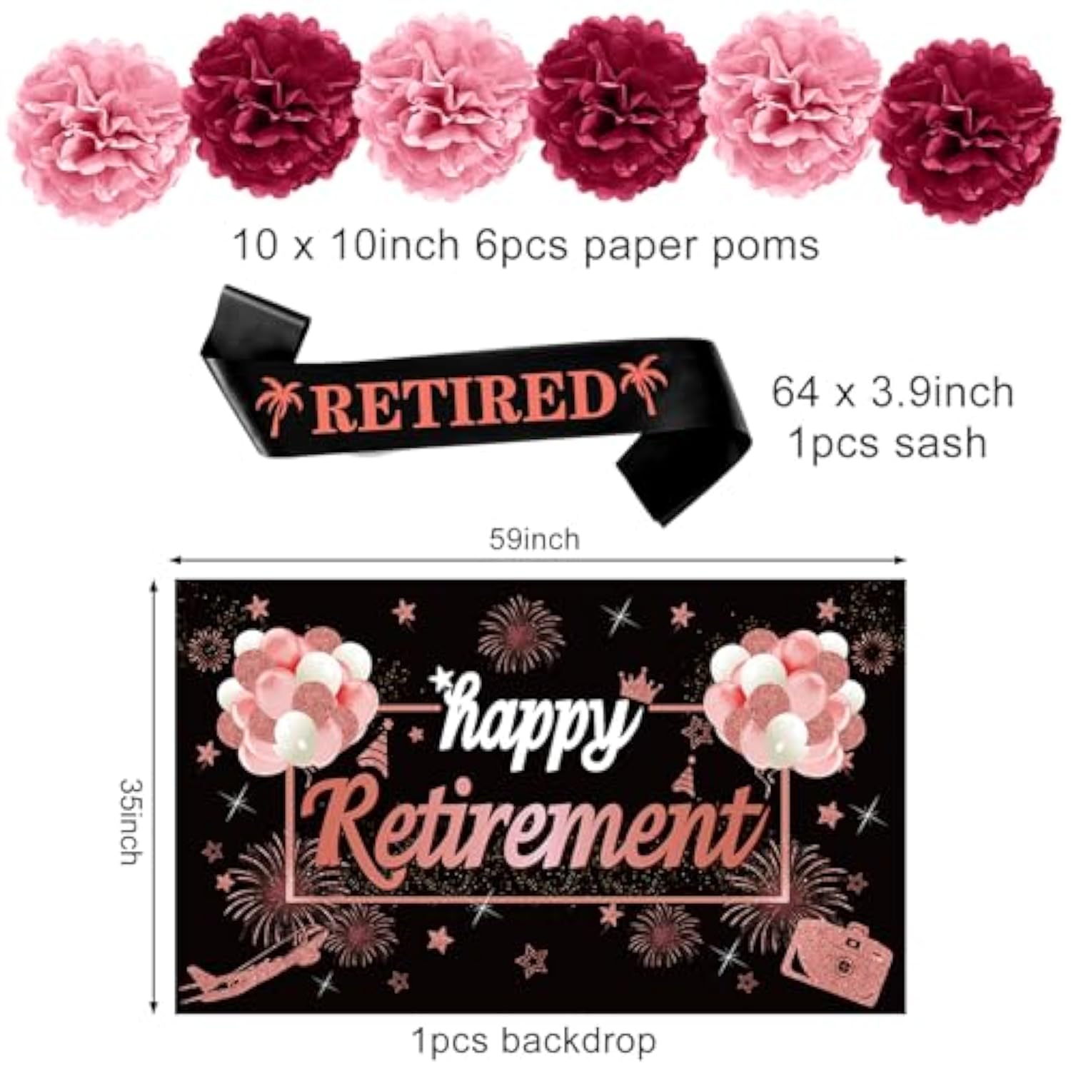 20Pcs Happy Retirement Party Decorations Kit For Women, Rose Gold Retirement Backdrop Balloons Honeycomb Centerpiece Swirl Paper Pompoms Party Supplies, Retired Sash Table Topper Swirls Set