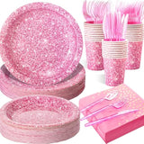 175 Pcs Pink Holographic Print Party Disposable Dinnerware Set Include 50 Pcs Paper Plates, 25 Napkins, 25 Cups, 25 Plastic Forks, 25 Knives, And 25 Spoons For Guest Holiday Wedding Birthday