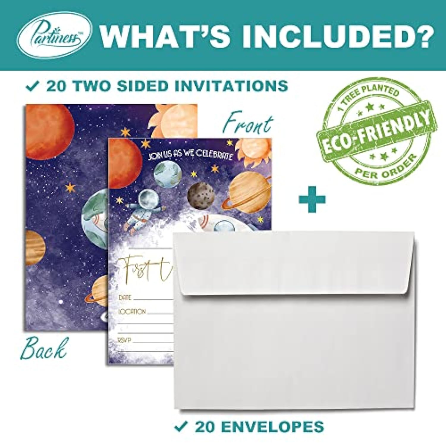 Space First Trip Around The Sun Birthday Invitation For Baby Boy, Outer Space 1St Birthday Supplies, Party Decoration, 20 Fill-In Invites + Envelopes